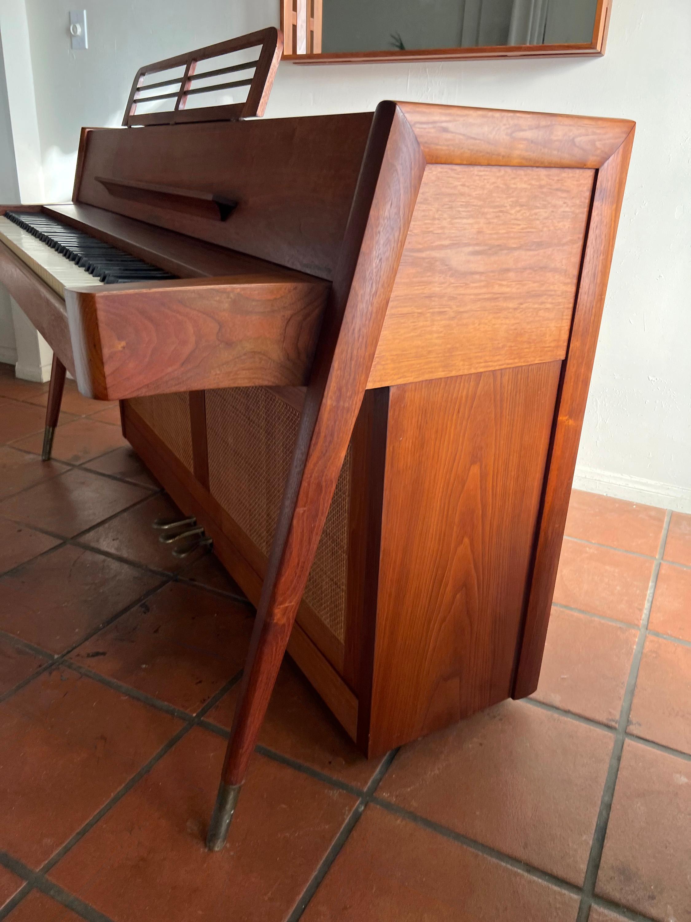 Mid-Century Modern Baldwin Acrosonic Piano in Walnut + Caning with Bench, 1960s 9
