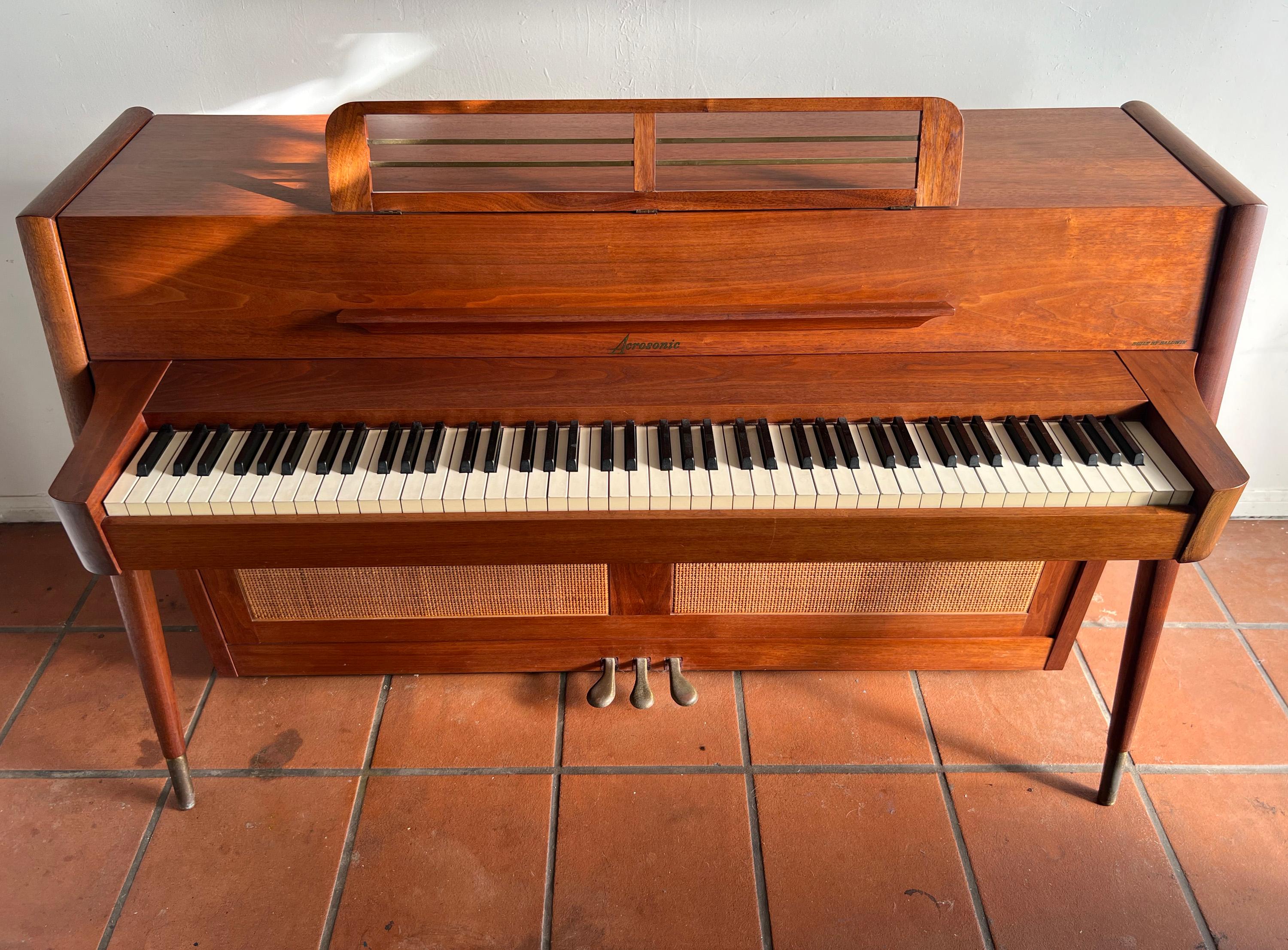 20th Century Mid-Century Modern Baldwin Acrosonic Piano in Walnut + Caning with Bench, 1960s