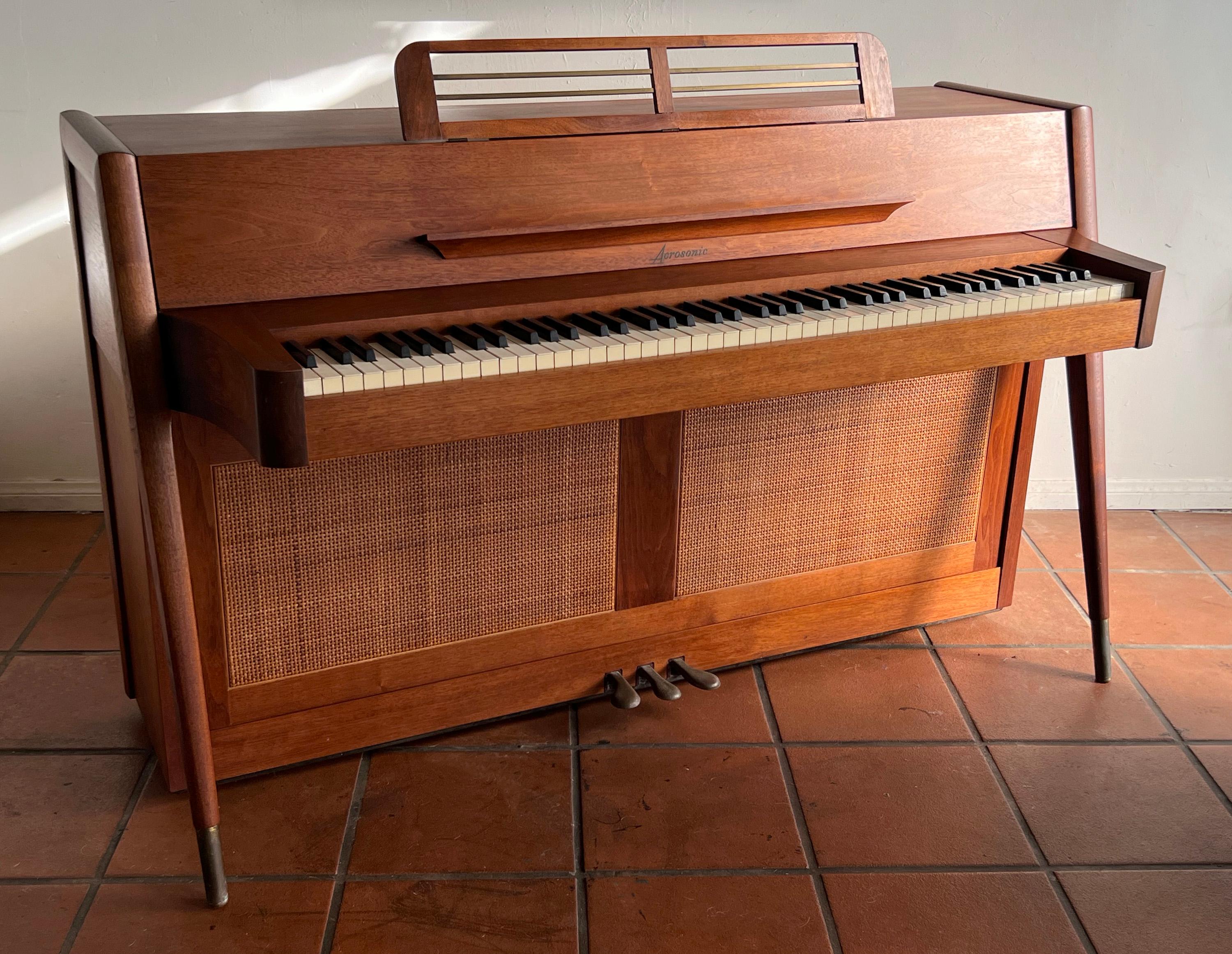 Brass Mid-Century Modern Baldwin Acrosonic Piano in Walnut + Caning with Bench, 1960s