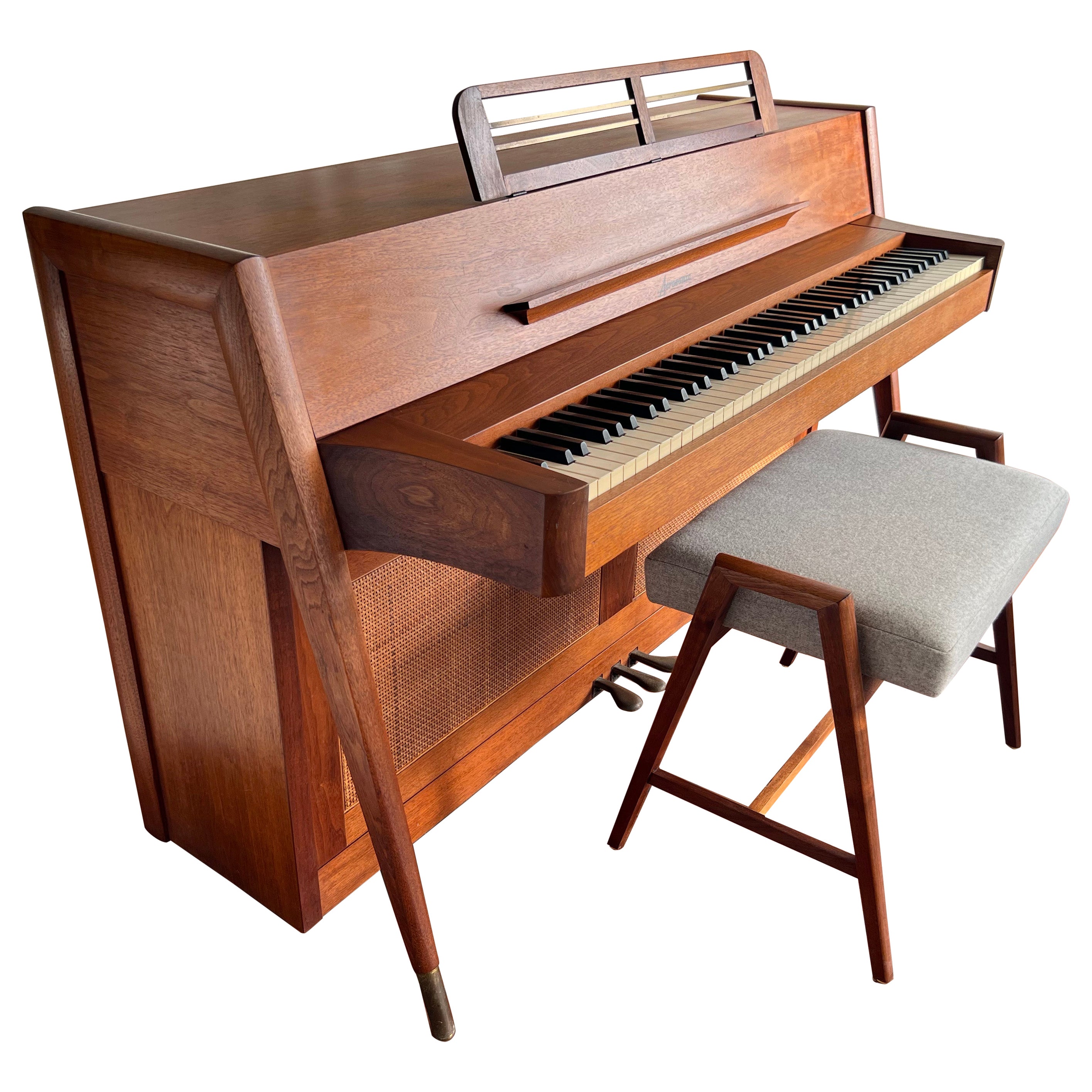 Mid-Century Modern Baldwin Acrosonic Piano in Walnut + Caning with Bench, 1960s