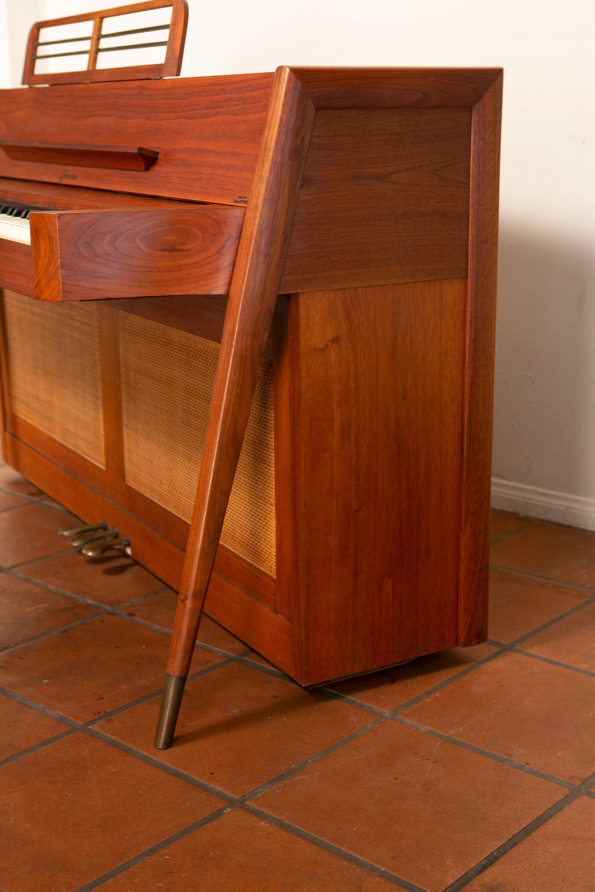 Mid-Century Modern Baldwin Acrosonic Piano with Bench in Walnut + Caning, 1960s 1
