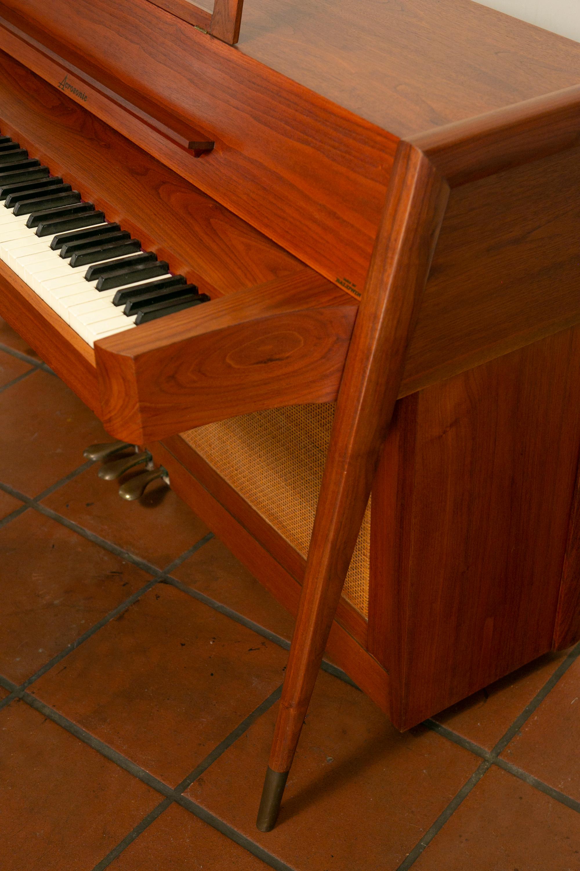 Mid-Century Modern Baldwin Acrosonic Piano with Bench in Walnut + Caning, 1960s 2
