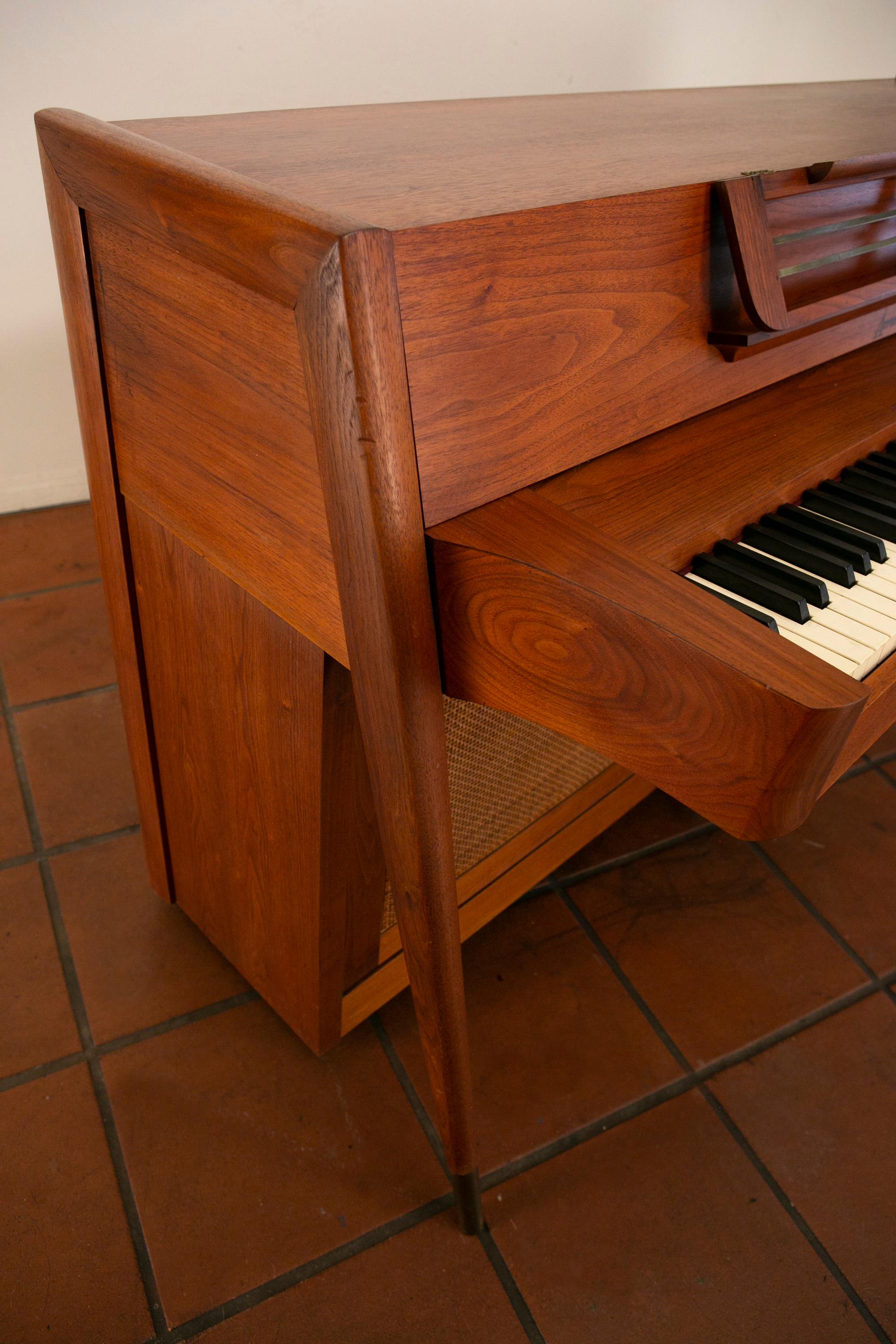 Mid-Century Modern Baldwin Acrosonic Piano with Bench in Walnut + Caning, 1960s 8