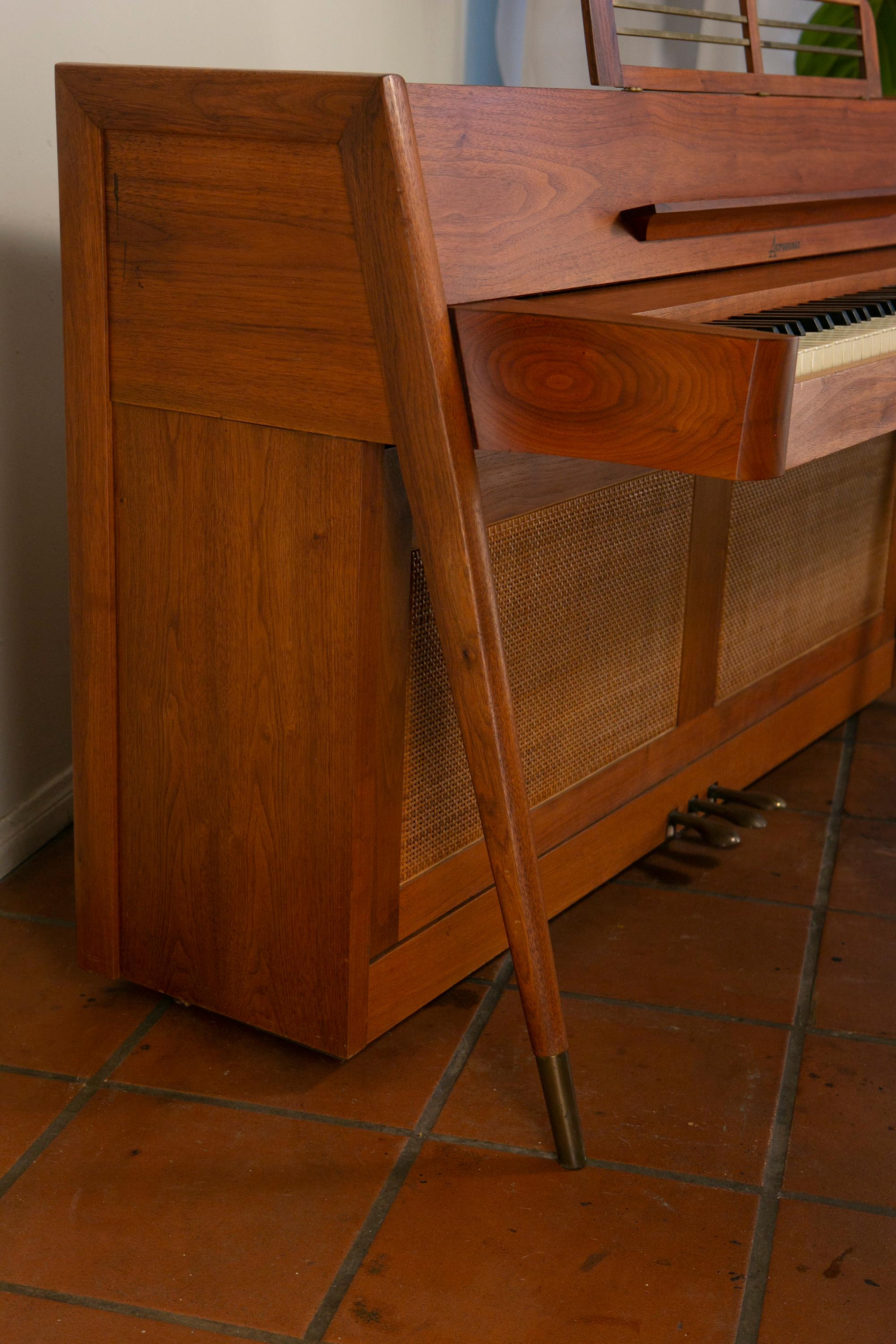 Mid-Century Modern Baldwin Acrosonic Piano with Bench in Walnut + Caning, 1960s 9