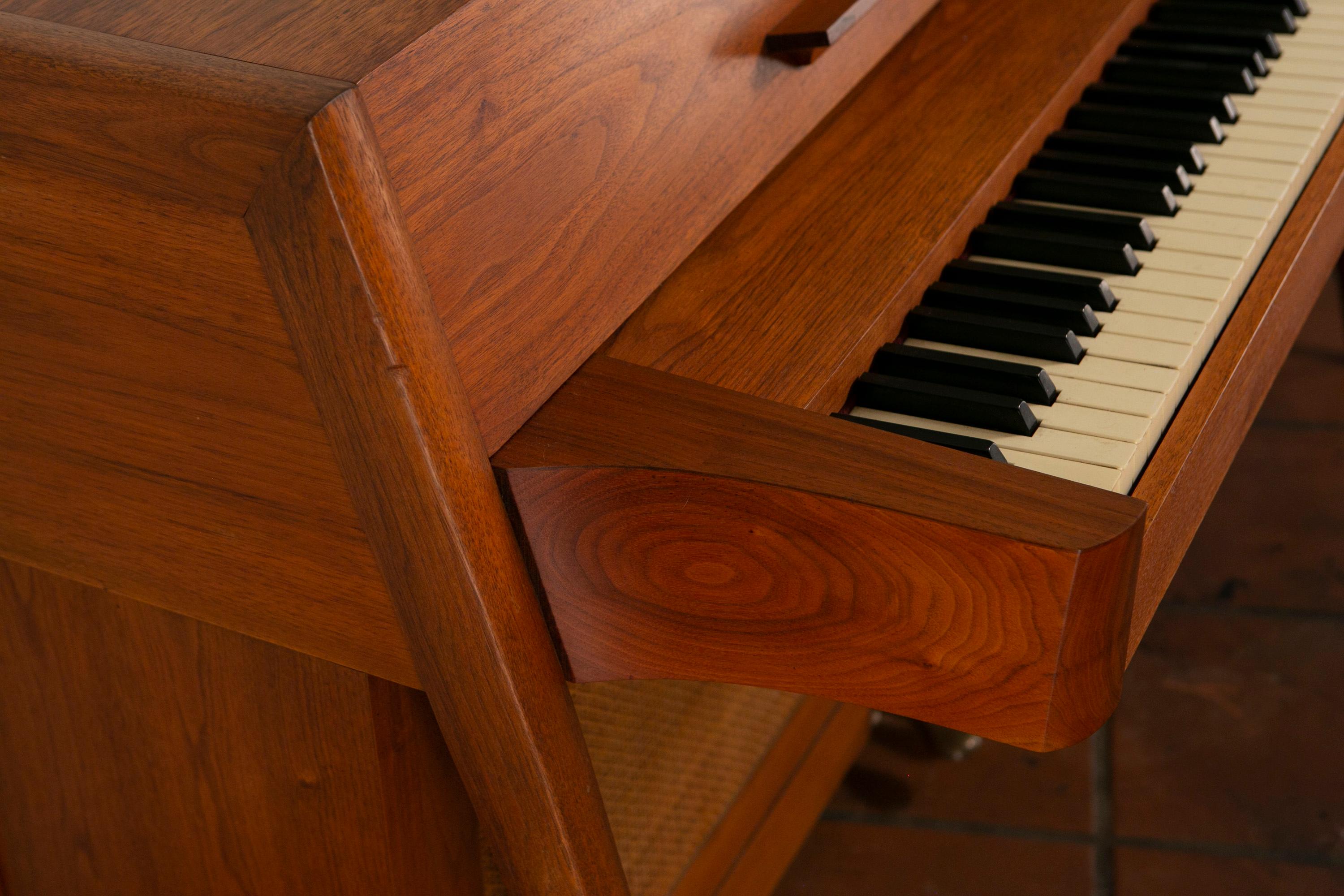 Mid-Century Modern Baldwin Acrosonic Piano with Bench in Walnut + Caning, 1960s 10