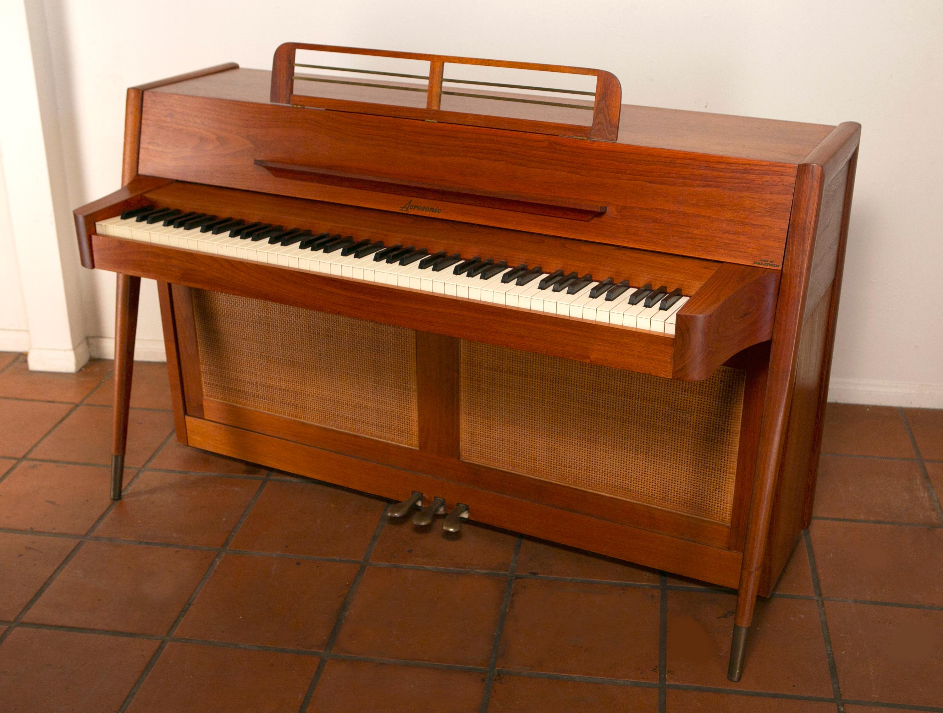 Mid-Century Modern Baldwin Acrosonic Piano with Bench in Walnut + Caning, 1960s 11