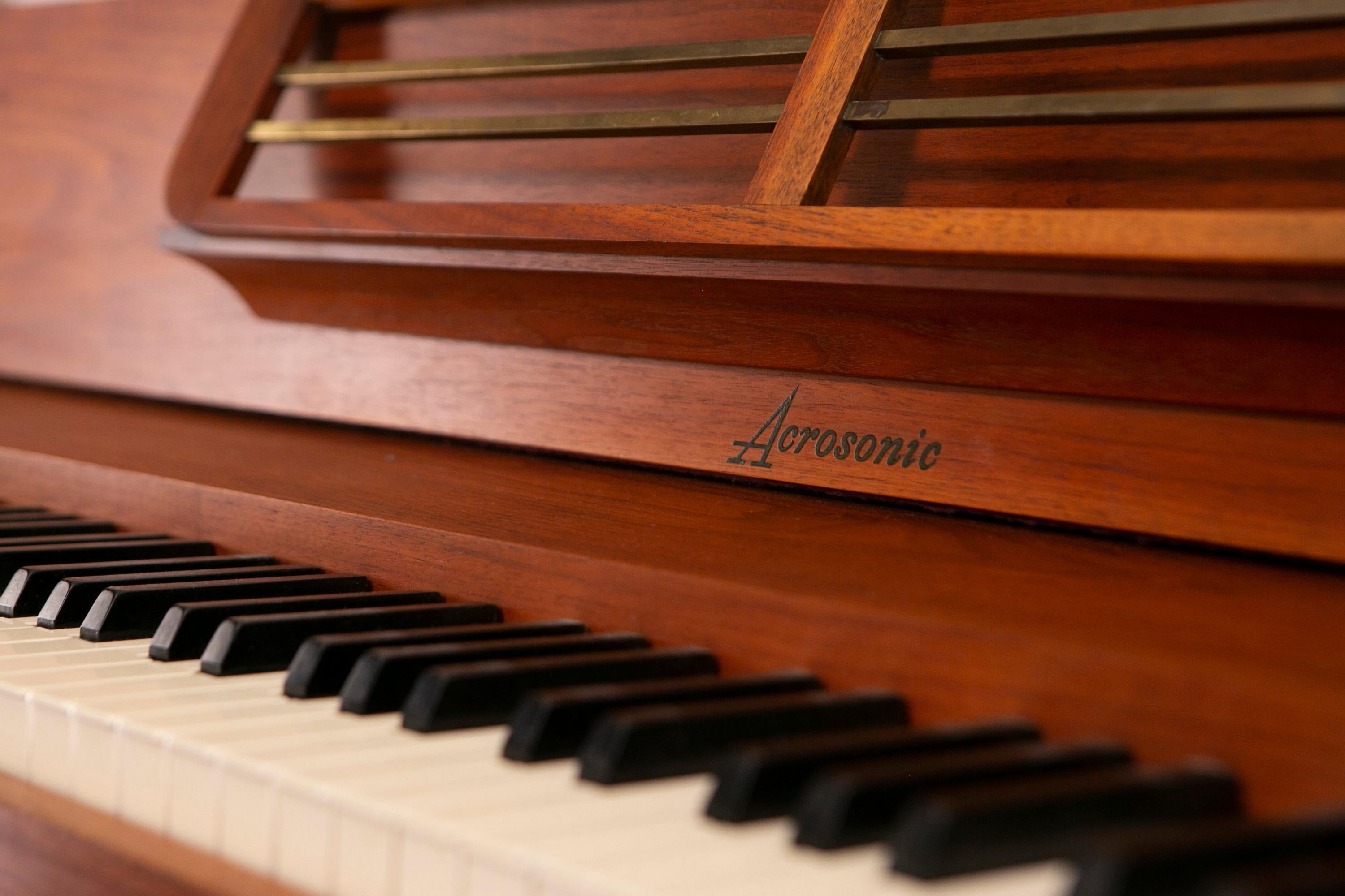 American Mid-Century Modern Baldwin Acrosonic Piano with Bench in Walnut + Caning, 1960s