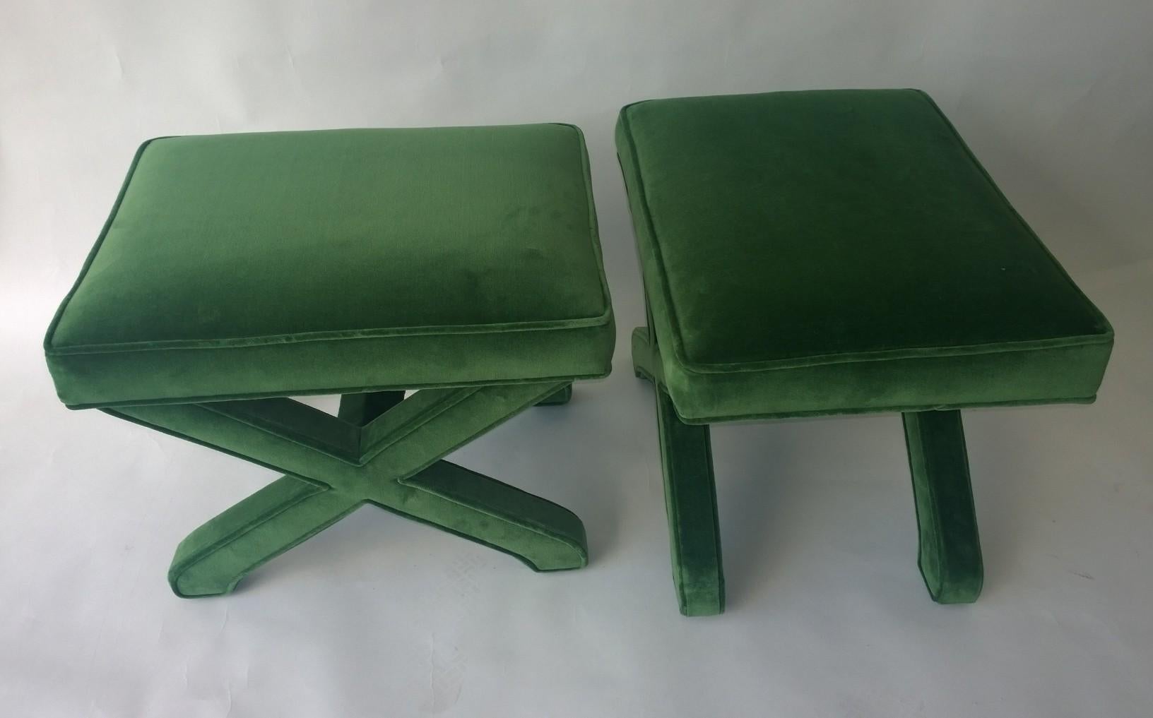 2 Mid-Century Modern Baldwin/ Baughman Style X Benches in Emerald Green Velvet For Sale 2