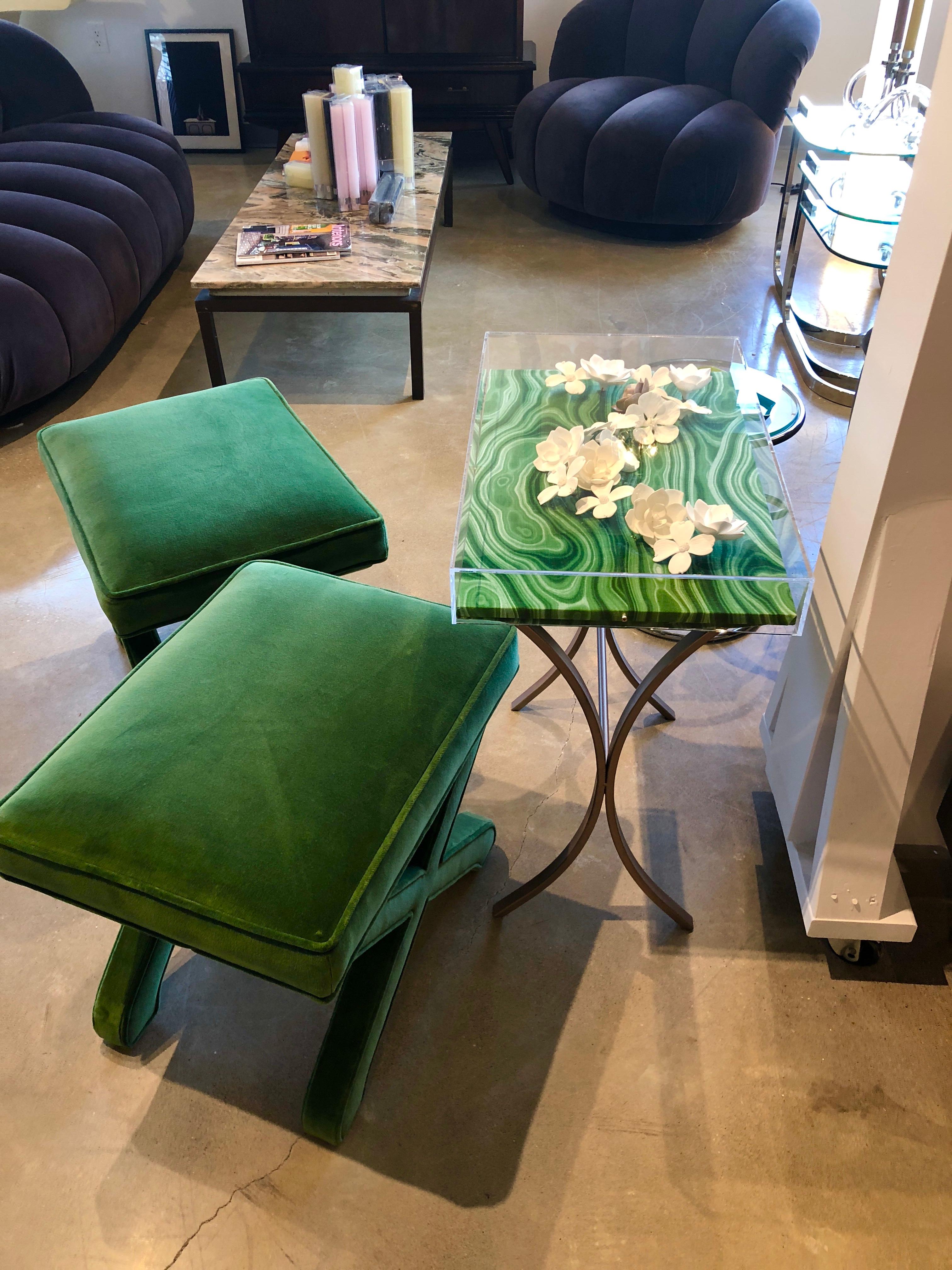 2 Mid-Century Modern Baldwin/ Baughman Style X Benches in Emerald Green Velvet For Sale 6