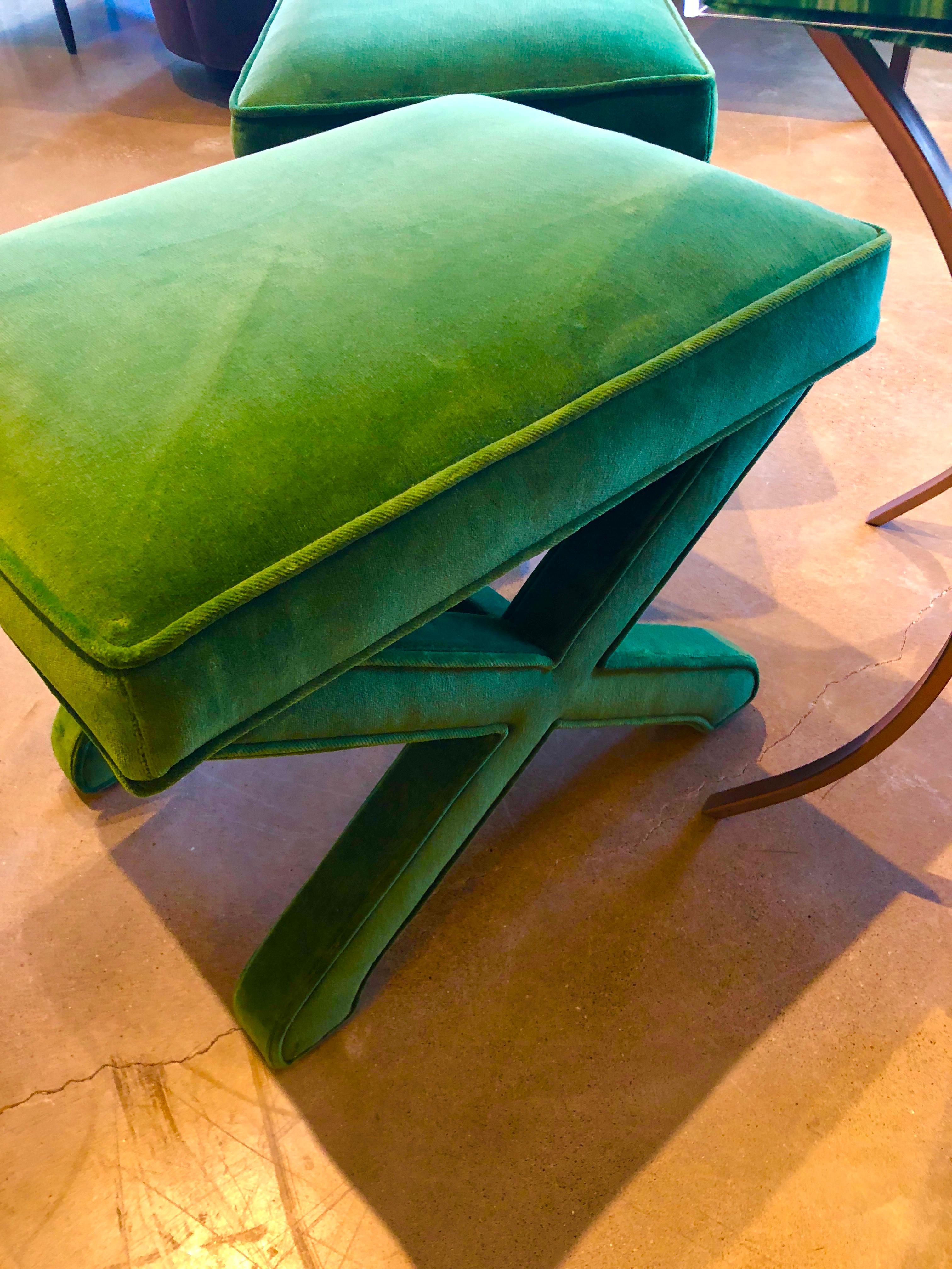 2 Mid-Century Modern Baldwin/ Baughman Style X Benches in Emerald Green Velvet For Sale 4