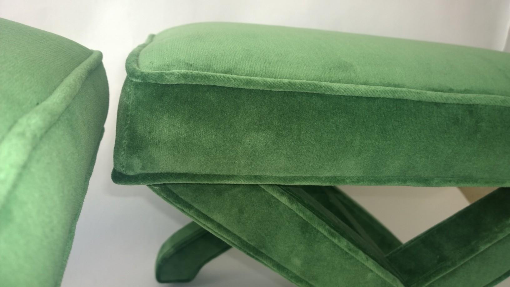 American 2 Mid-Century Modern Baldwin/ Baughman Style X Benches in Emerald Green Velvet For Sale