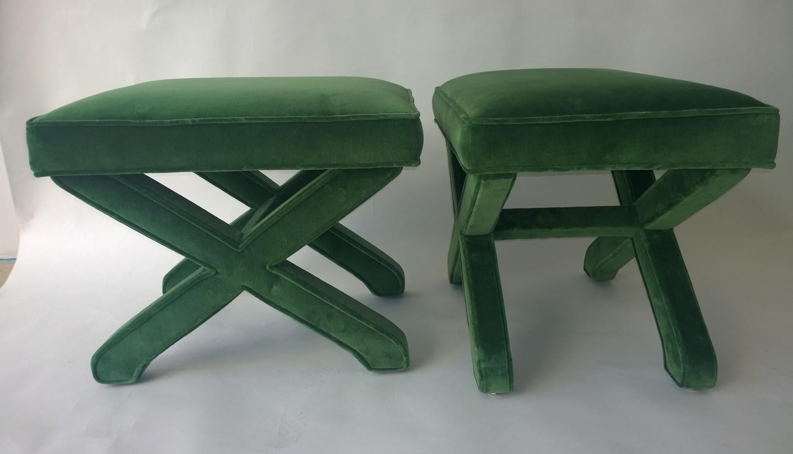 2 Mid-Century Modern Baldwin/ Baughman Style X Benches in Emerald Green Velvet For Sale 1