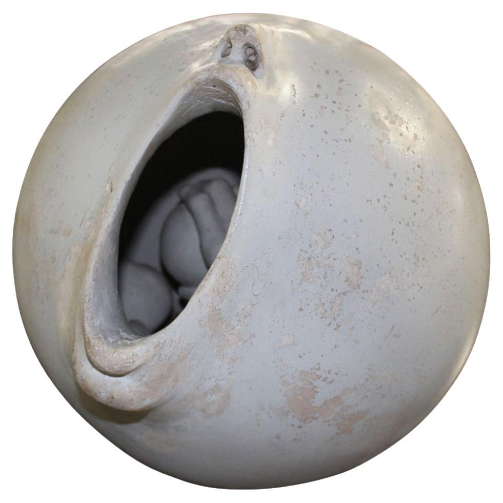 Mid Century Modern Ball Shape Face Open Mouth Pottery Sculpture Signed Dated1972 For Sale