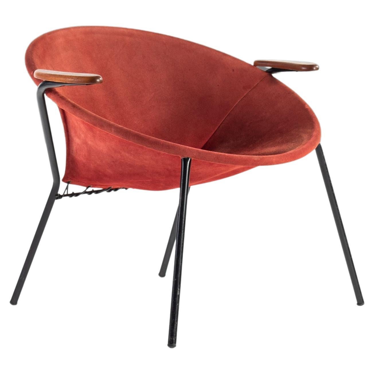 Mid Century Balloon / Hoop Chair in Red Dyed Suede by Hans Olsen, Denmark, 1960s