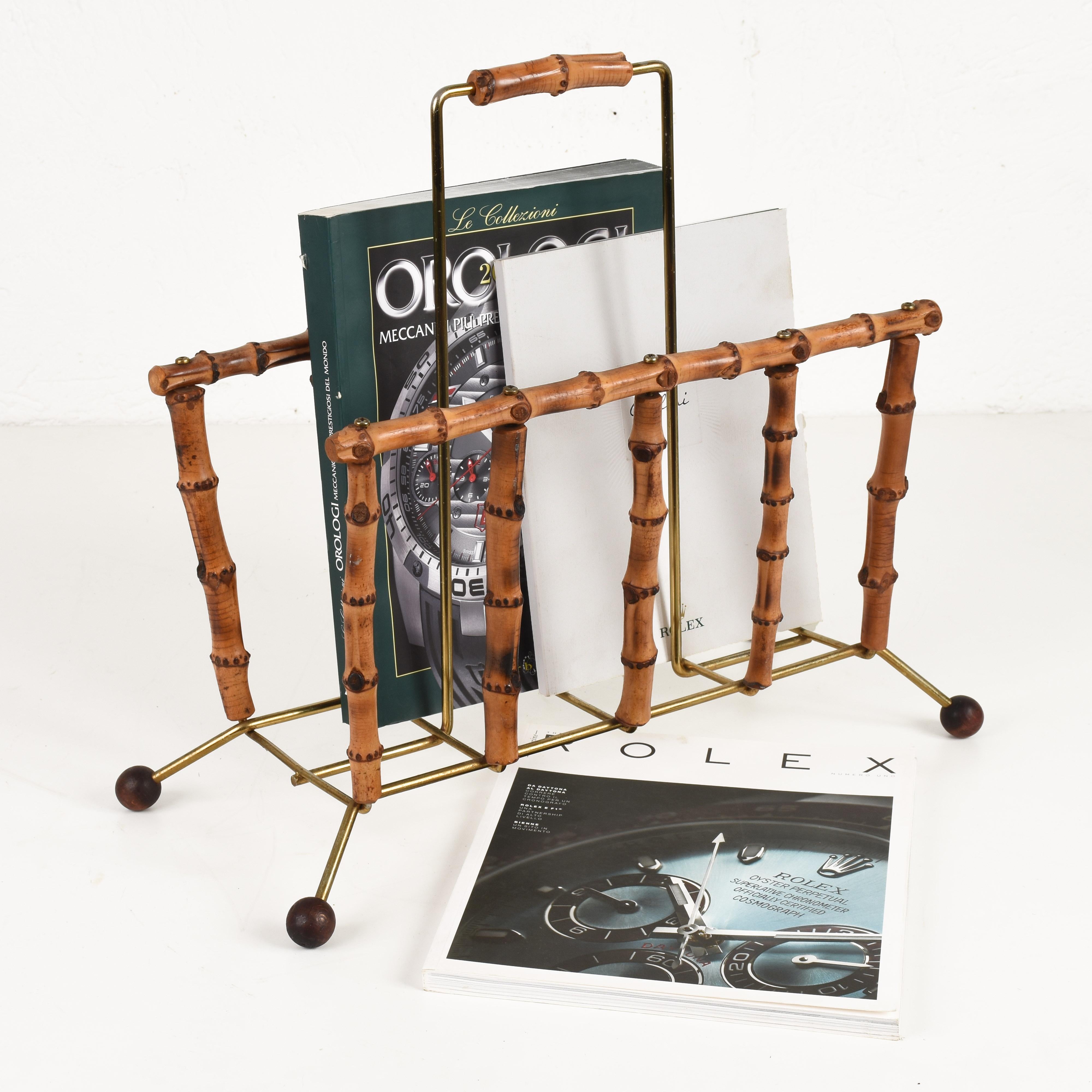 Mid-Century Modern Bamboo and Brass French Magazine Rack, 1960s 5