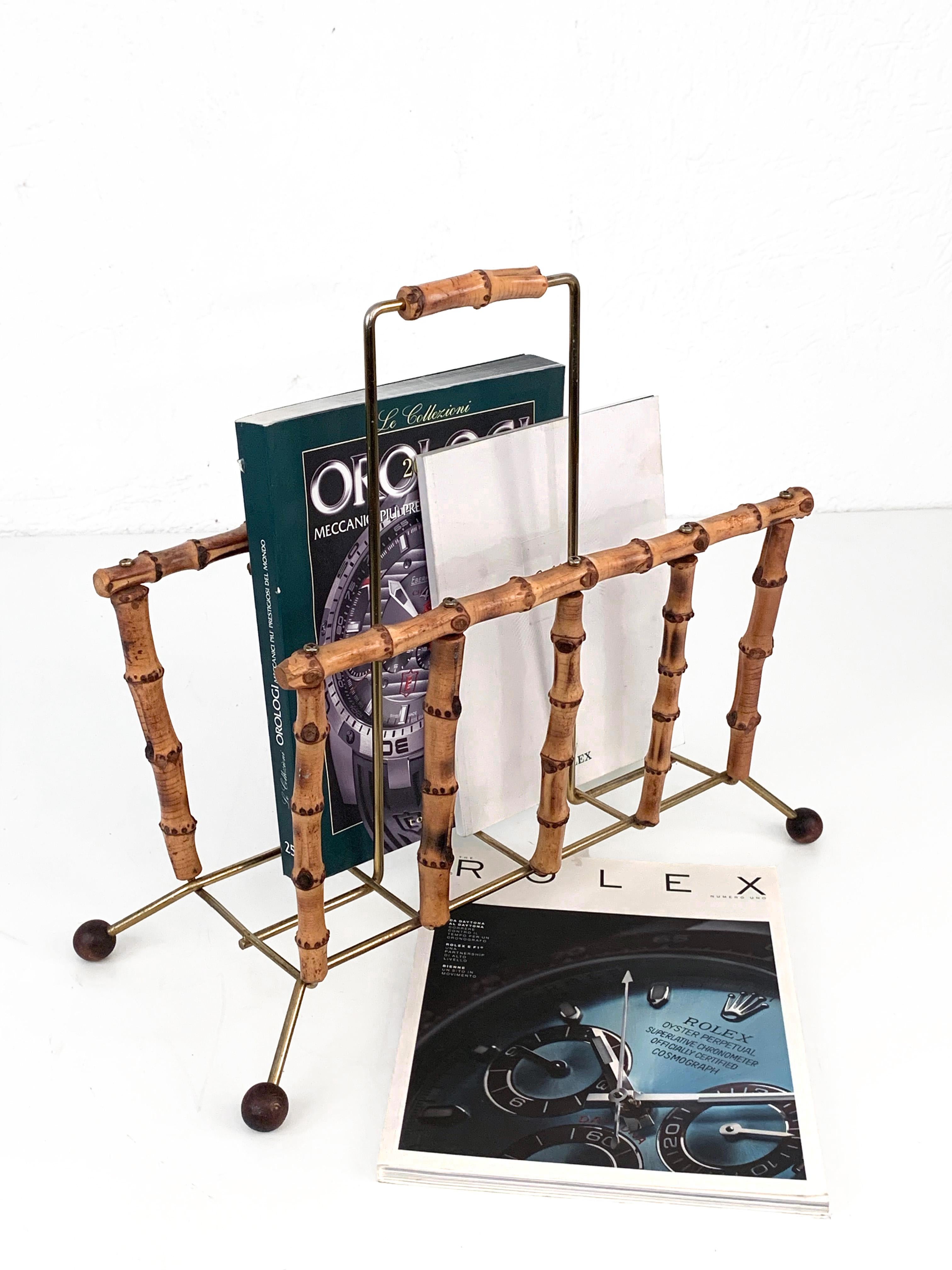 Mid-Century Modern Bamboo and Brass French Magazine Rack, 1960s 4