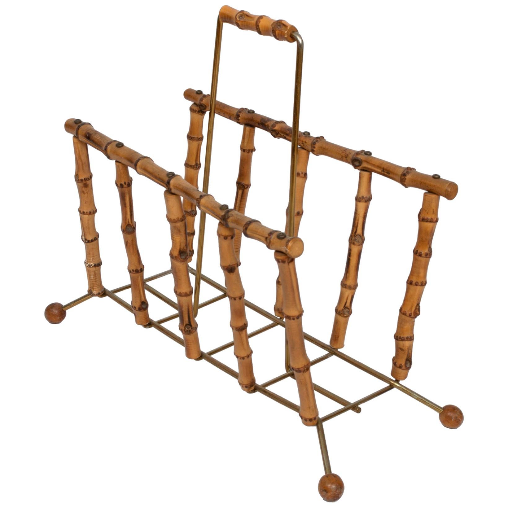 Mid-Century Modern Bamboo and Brass Magazine Holder Rack, France, circa 1960 For Sale