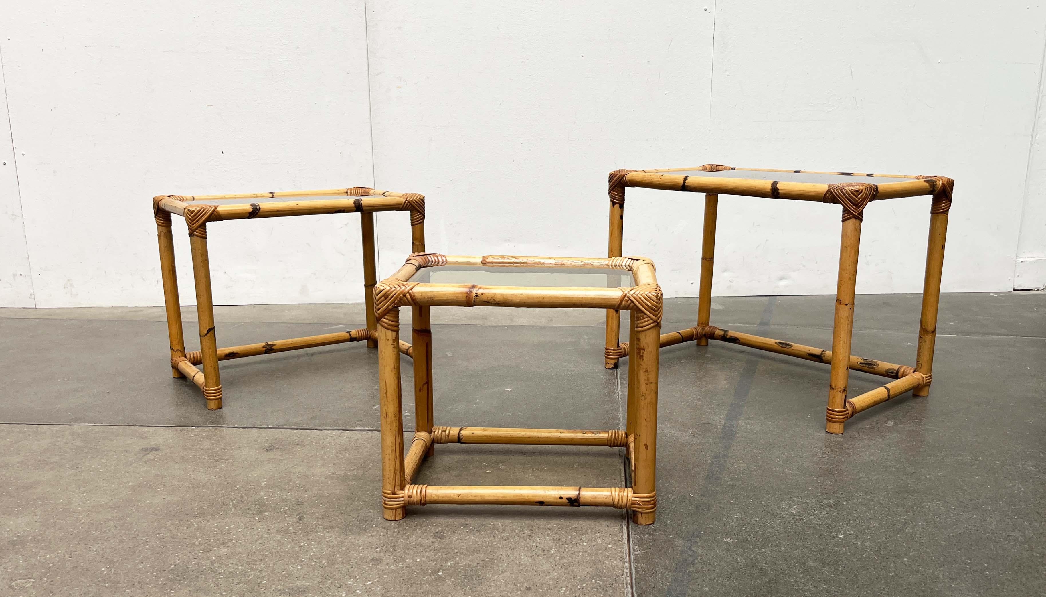 Mid-Century Modern Bamboo and Glass Nesting Tables, 1960s, Set of 3 For Sale 7