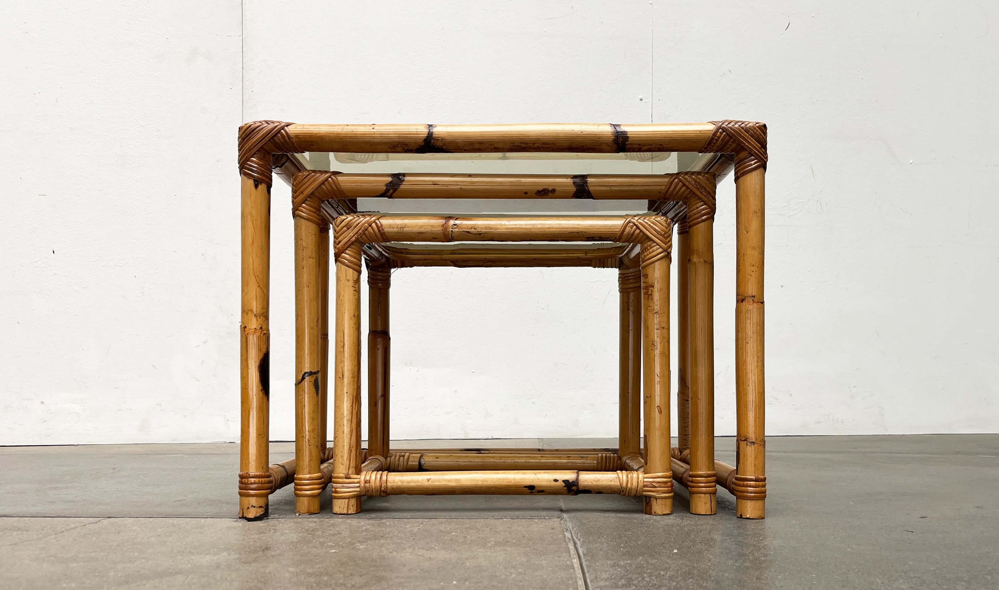 Mid-Century Modern Bamboo and Glass Nesting Tables, 1960s, Set of 3 For Sale 8