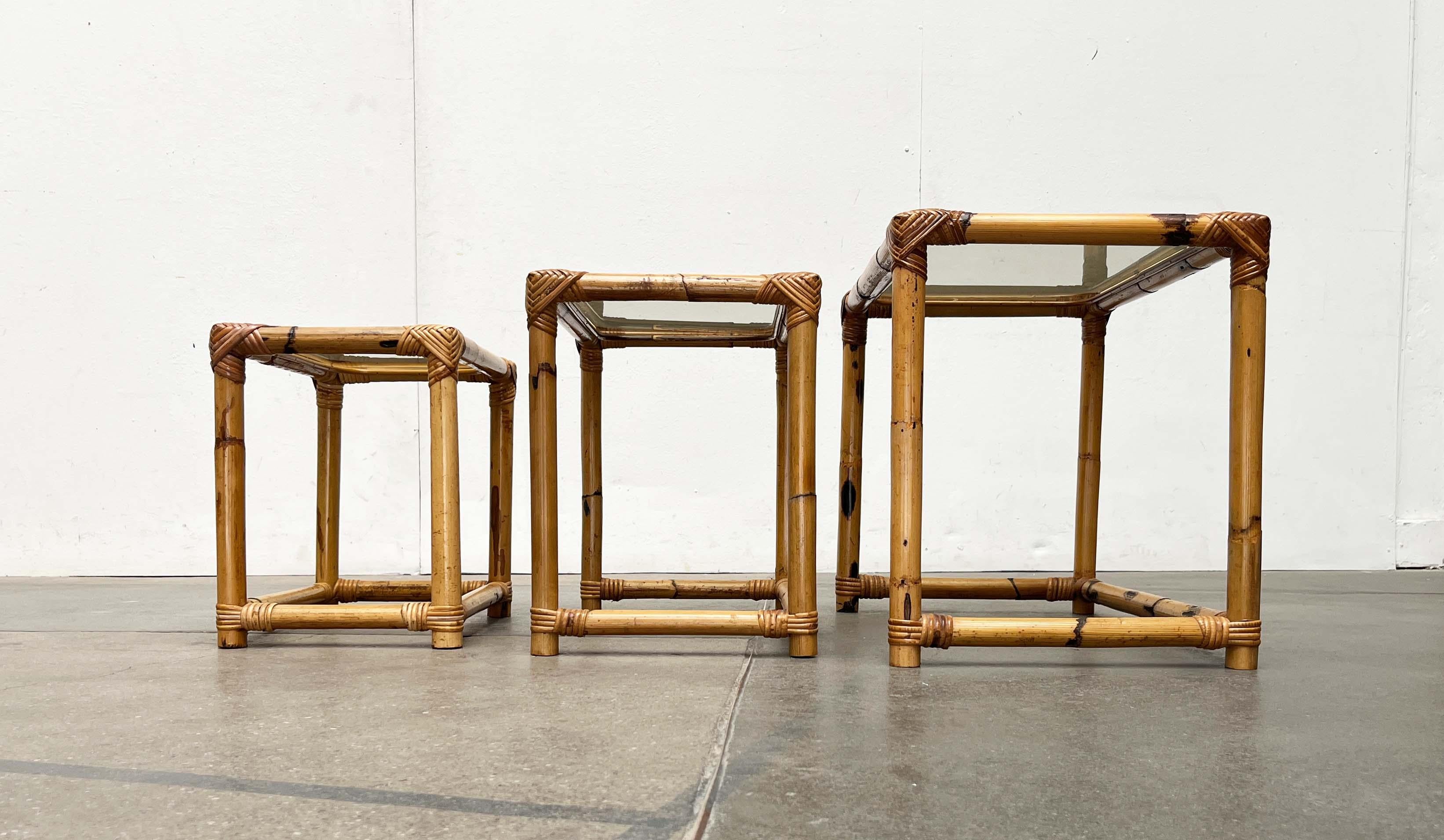 Mid-Century Modern Bamboo and Glass Nesting Tables, 1960s, Set of 3 For Sale 9