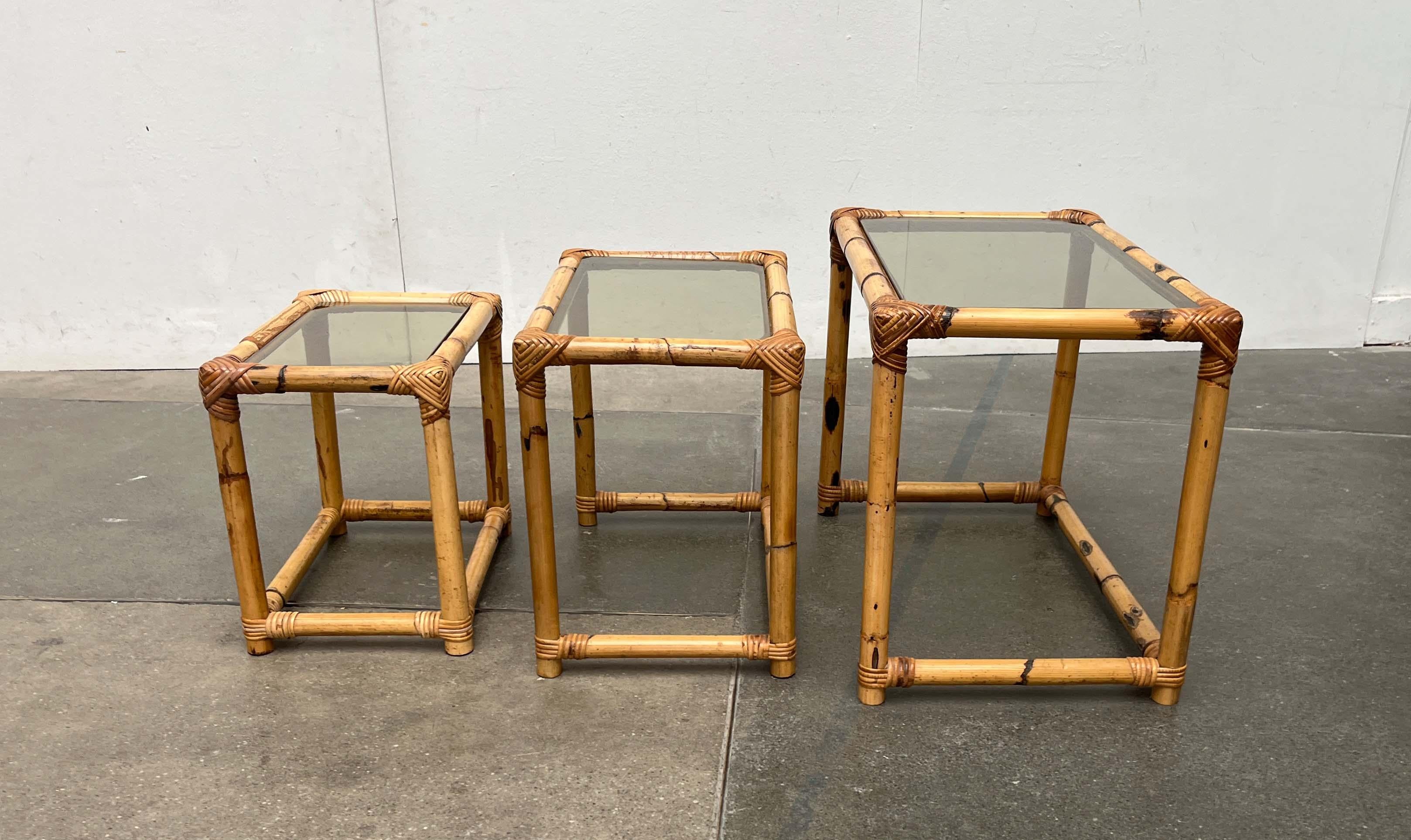 Mid-Century Modern Bamboo and Glass Nesting Tables, 1960s, Set of 3 For Sale 10
