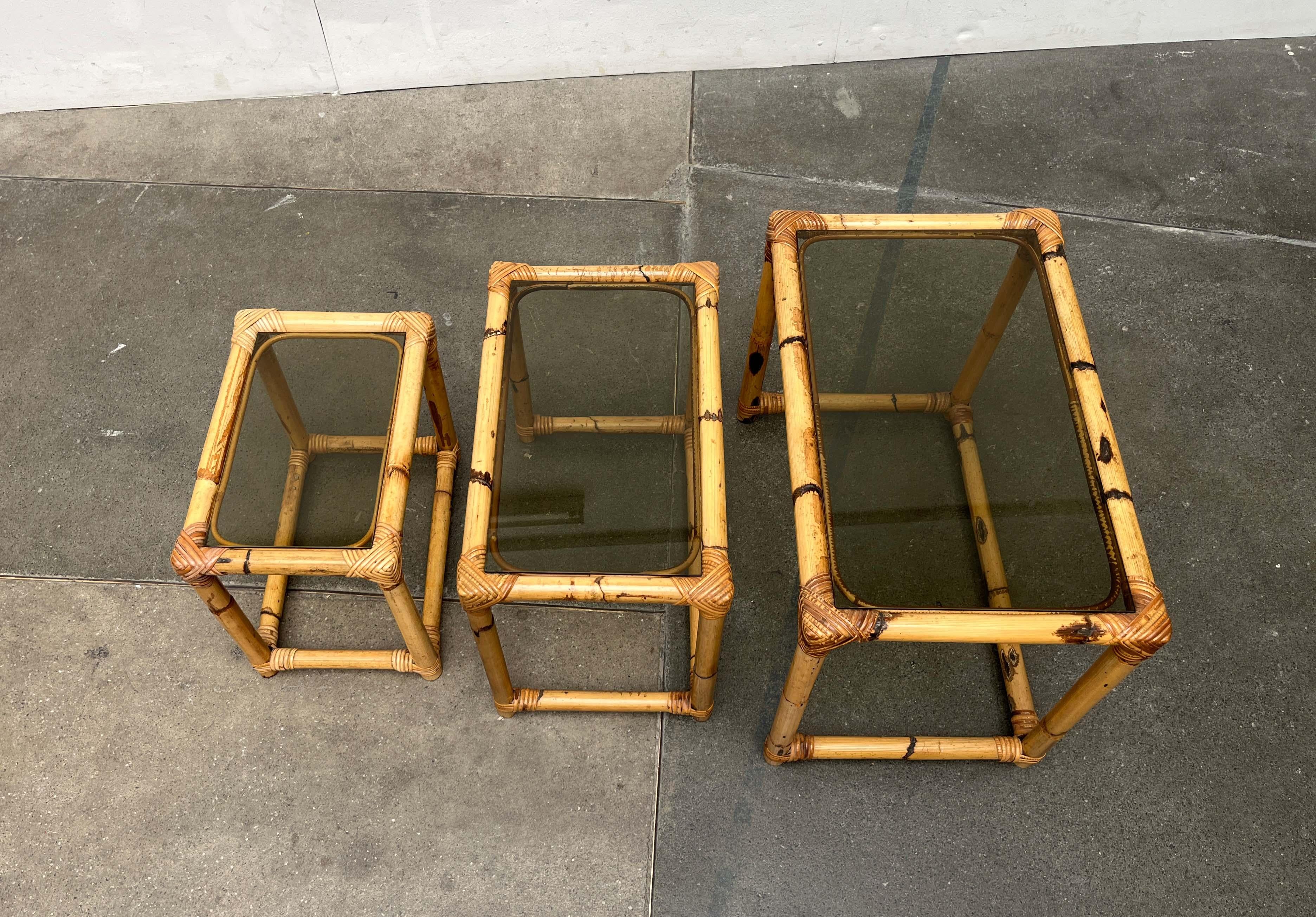 Mid-Century Modern Bamboo and Glass Nesting Tables, 1960s, Set of 3 For Sale 11