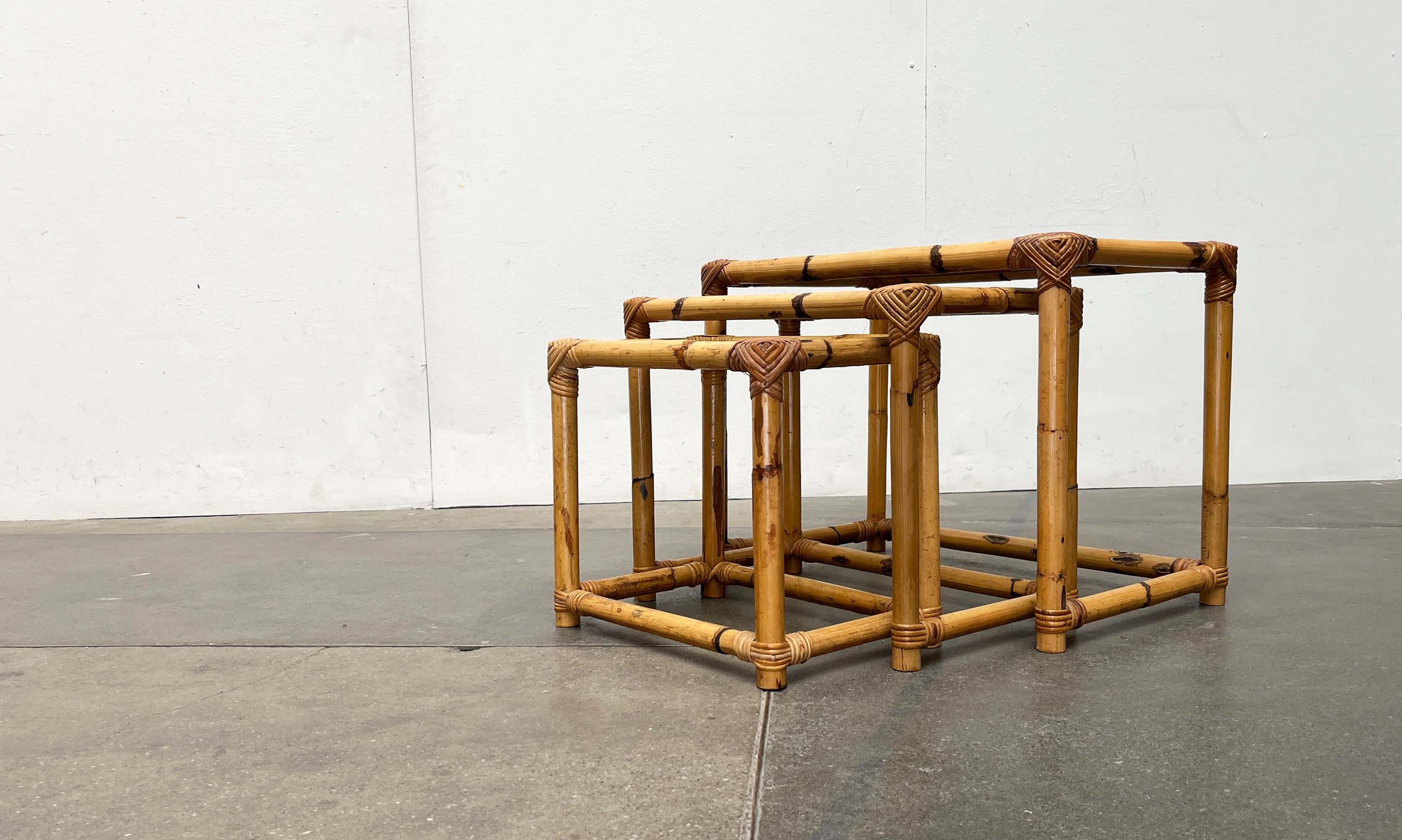 Mid-20th Century Mid-Century Modern Bamboo and Glass Nesting Tables, 1960s, Set of 3 For Sale