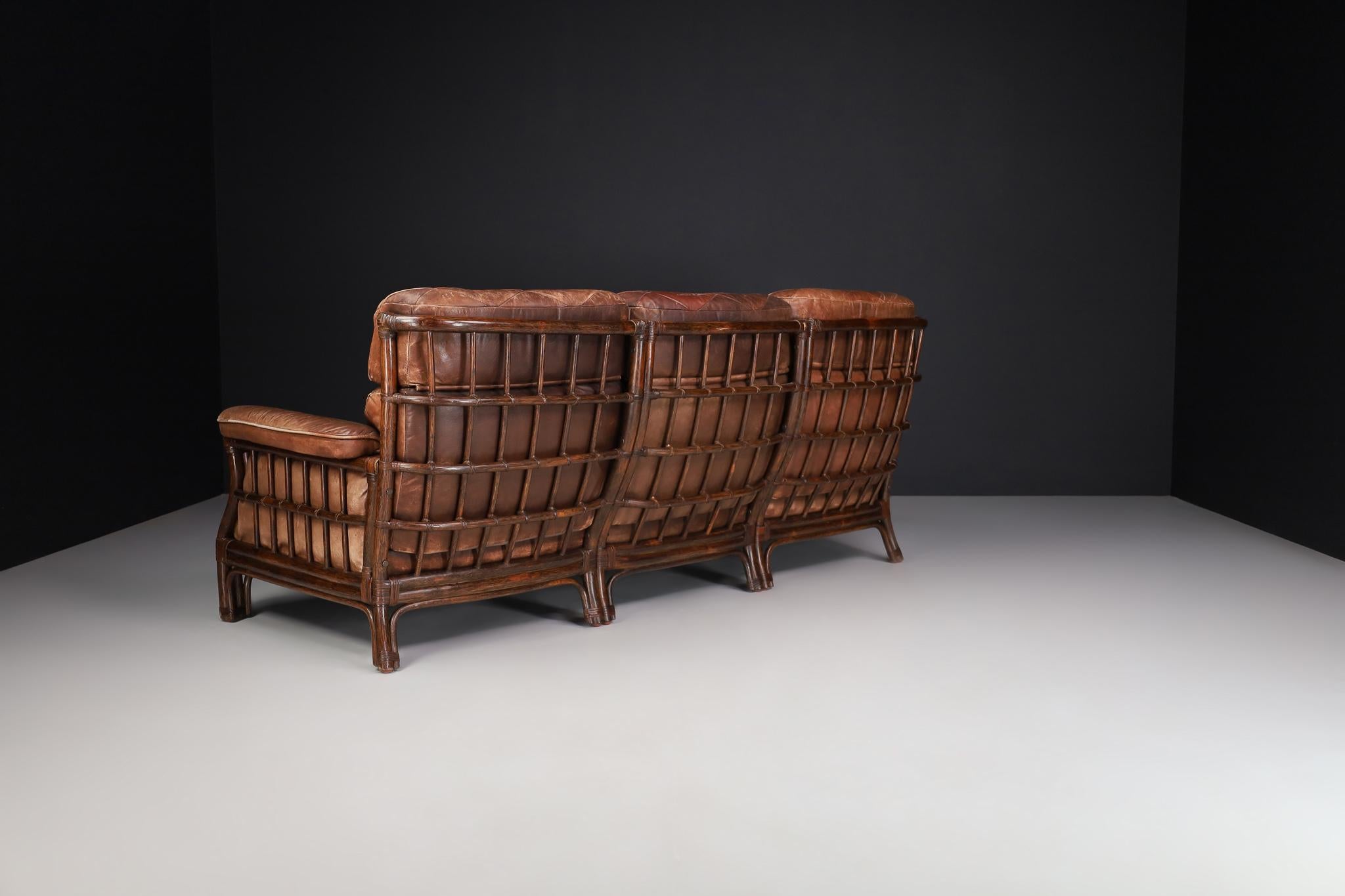 Mid-Century Modern Bamboo and Leather Sofa, France, 1970s For Sale 5