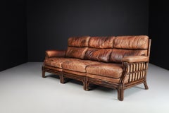 Mid-Century Modern Bamboo and Leather Sofa, France, 1970s