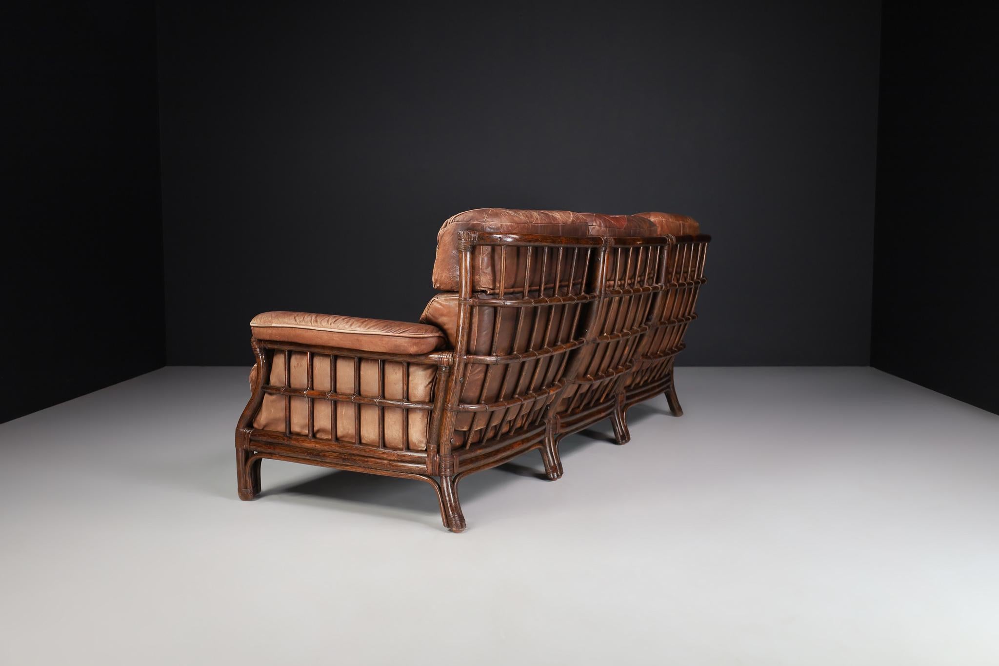Mid-Century Modern Bamboo and Leather Sofa, France, 1970s For Sale 1