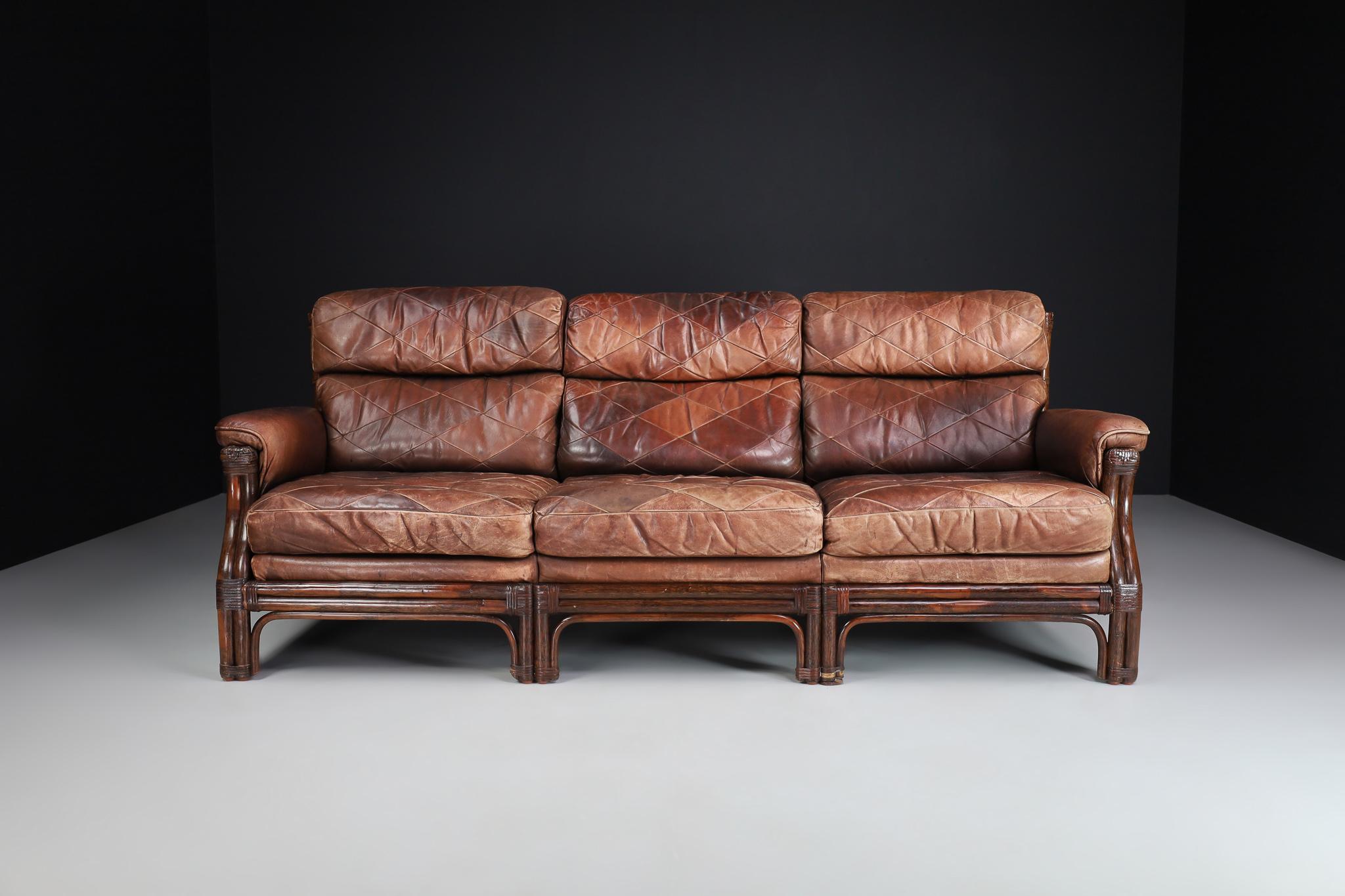 Mid-Century Modern Bamboo and Leather Sofa, France, 1970s For Sale 3
