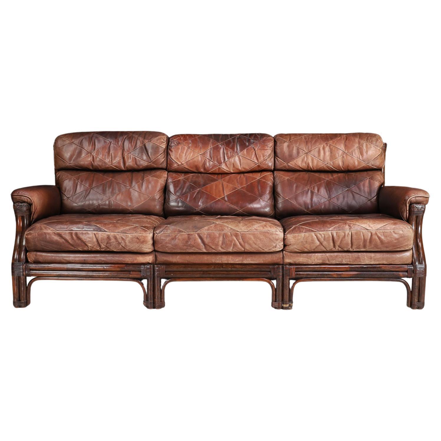 Mid-Century Modern Bamboo and Leather Sofa, France, 1970s For Sale