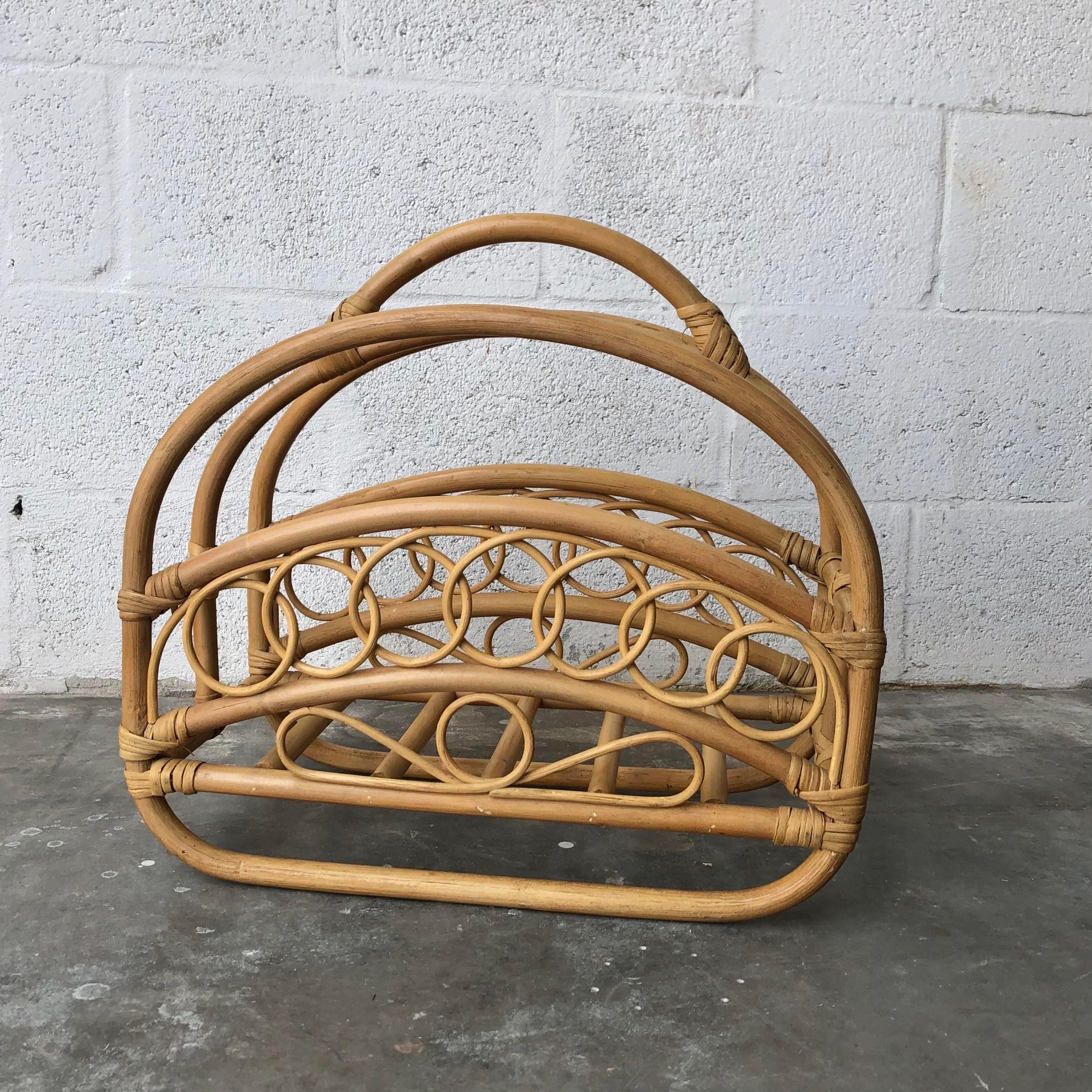 Unknown Mid Century Modern Bamboo and Rattan Magazine Rack in the Franco Albini Style For Sale