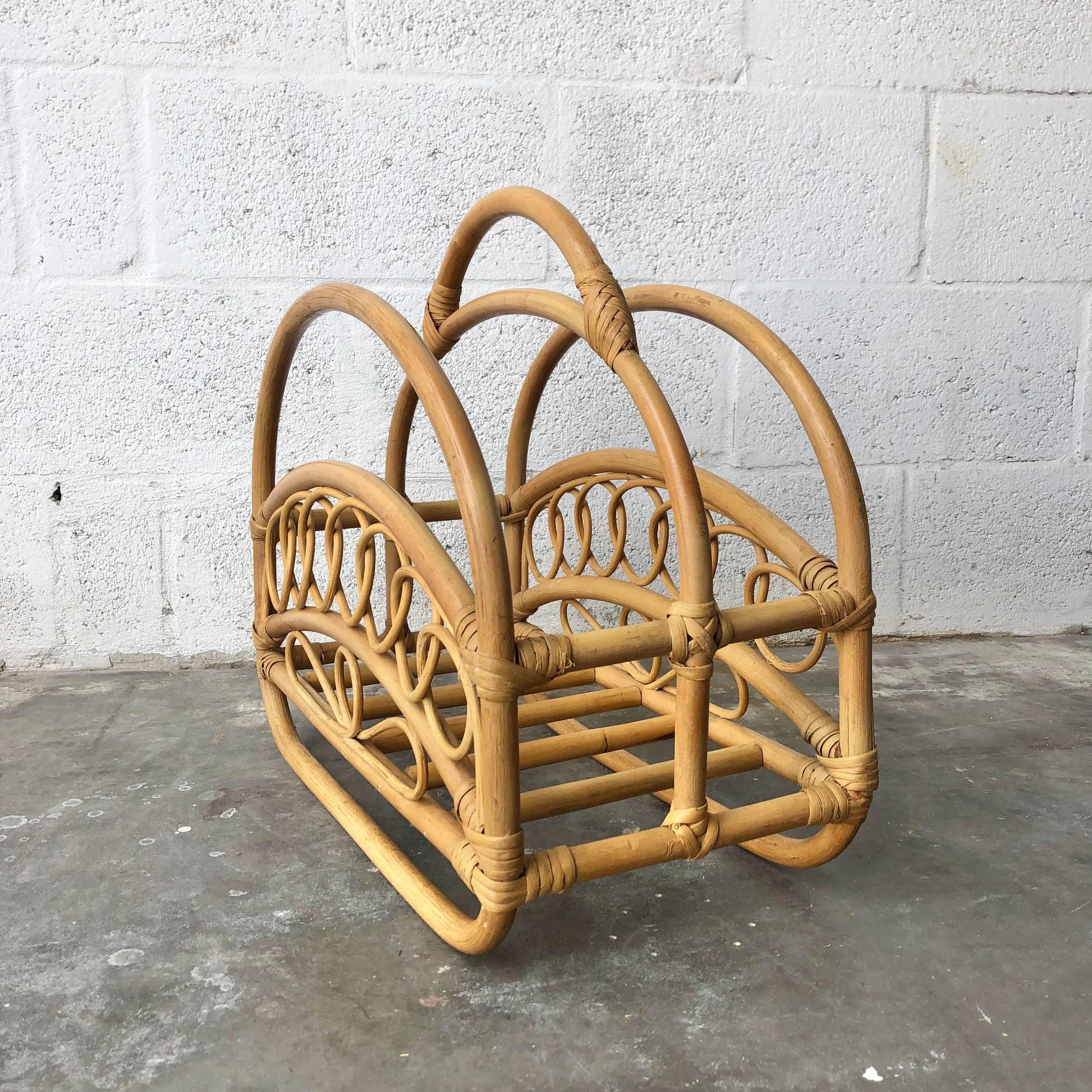 Late 20th Century Mid Century Modern Bamboo and Rattan Magazine Rack in the Franco Albini Style For Sale