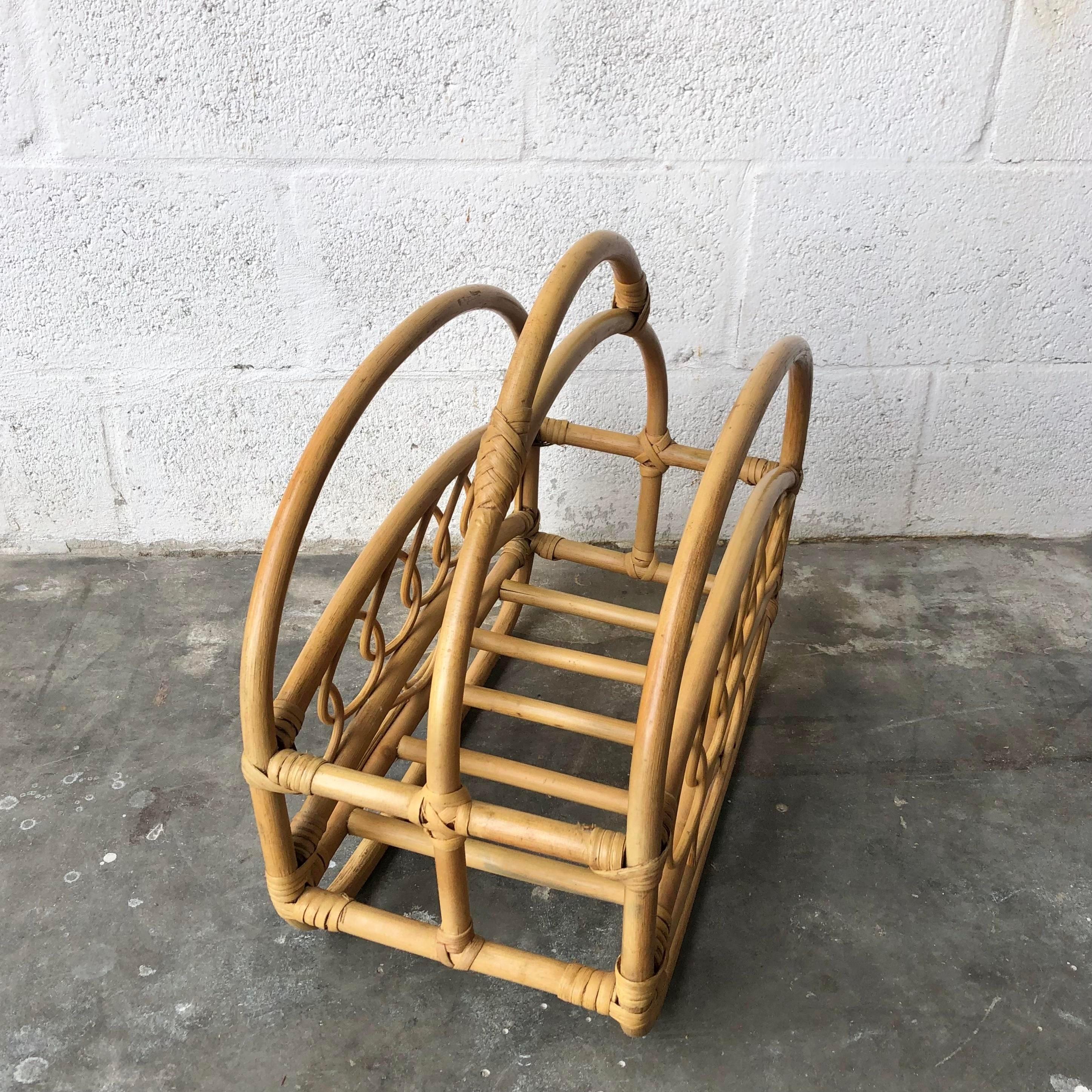 Mid Century Modern Bamboo and Rattan Magazine Rack in the Franco Albini Style For Sale 1