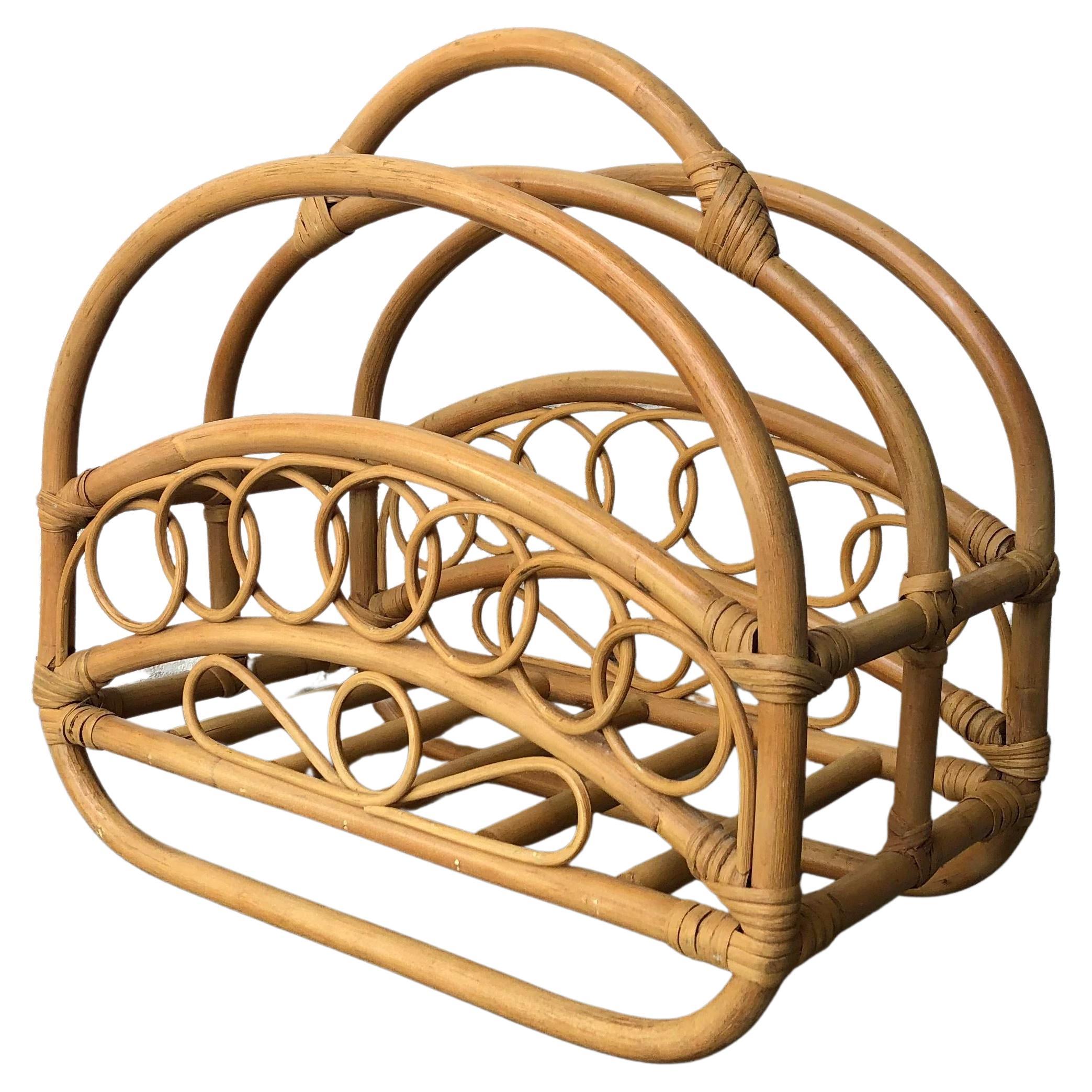 Mid Century Modern Bamboo and Rattan Magazine Rack in the Franco Albini Style For Sale