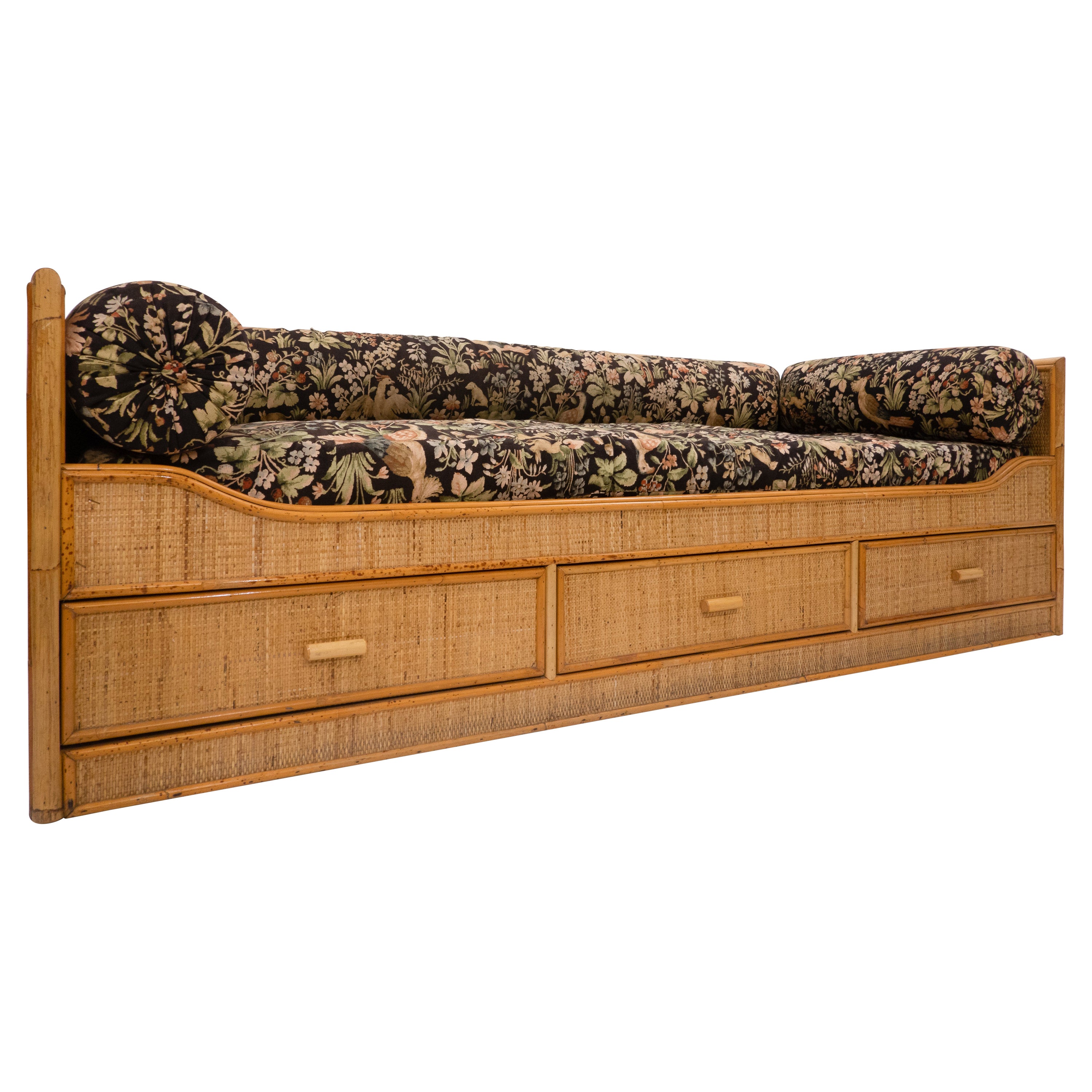 Mid-Century Modern Bamboo and Rattan Sofa with Drawers, Italy 1960s