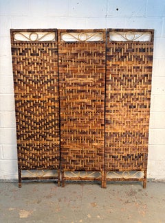 Mid-Century Modern Bamboo and Rattan Three-Panel Folding Screen