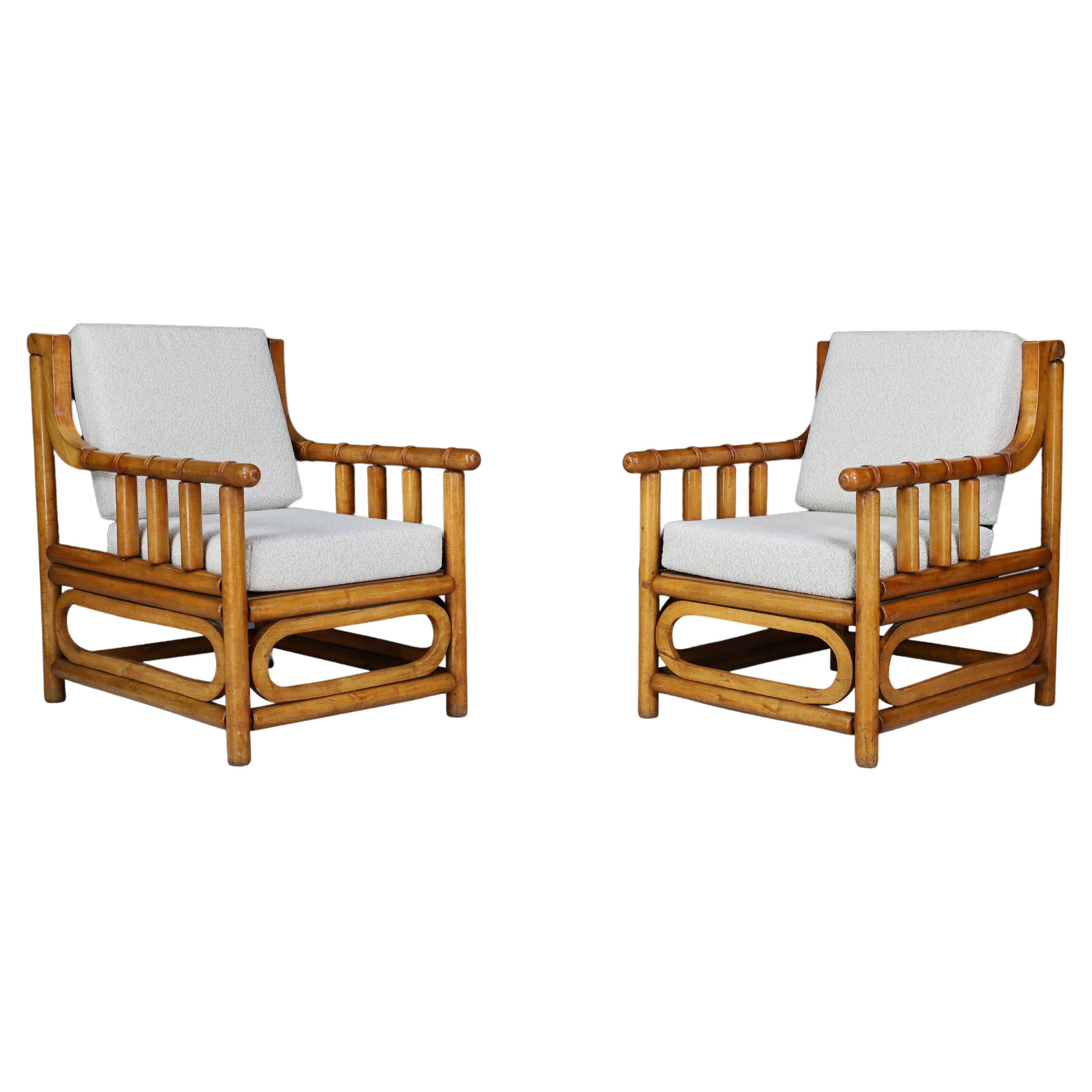 Mid-Century Modern Bamboo Wood Bouclé upholstery Armchairs  France 1950 set of 2