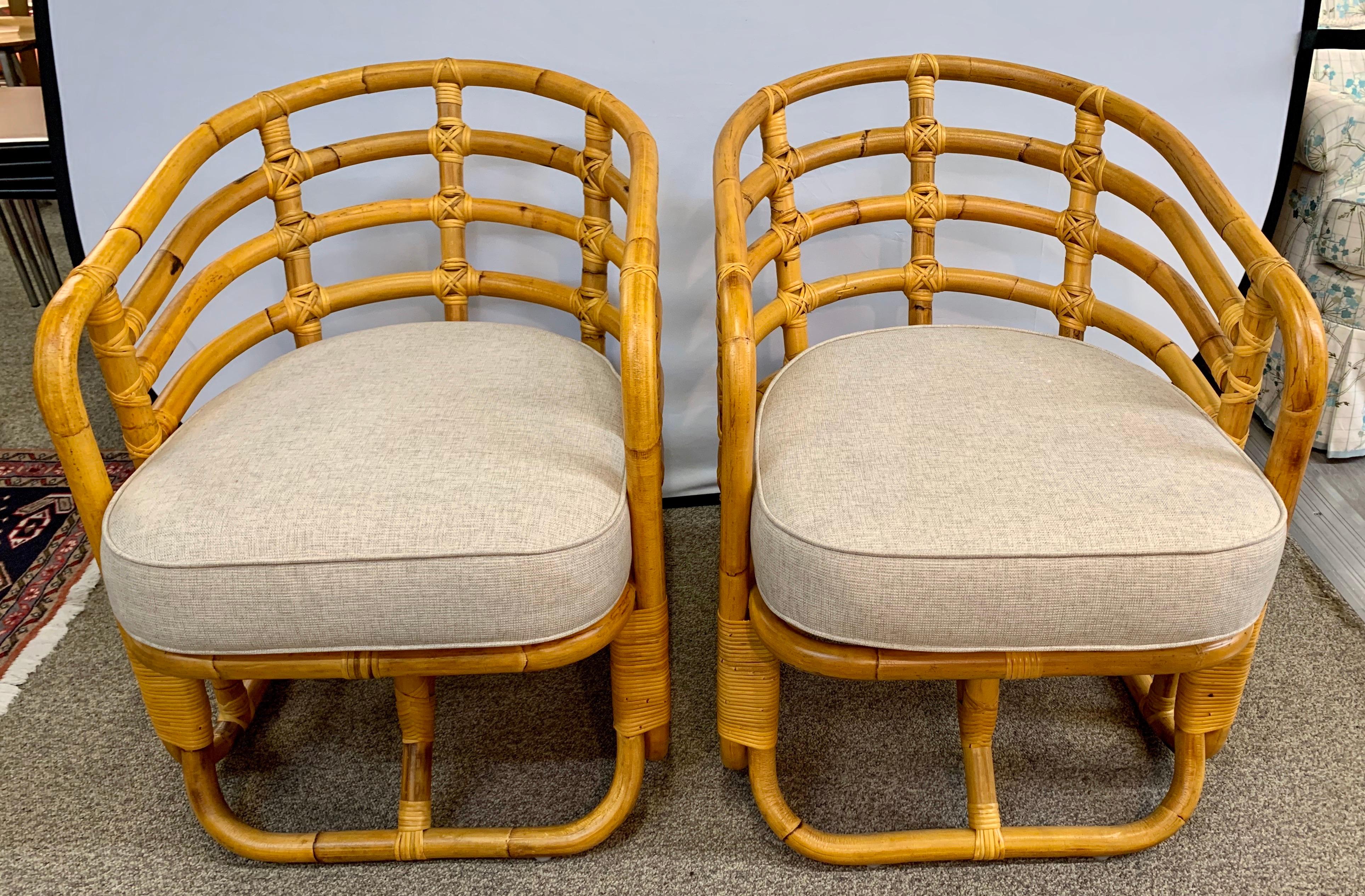 A pair of Mid-Century Modern bamboo barrel back chairs. Yes, it is unusual to see barrel back bamboo chairs but here is a gorgeous pair. Now, more than ever, home is where the heart is.