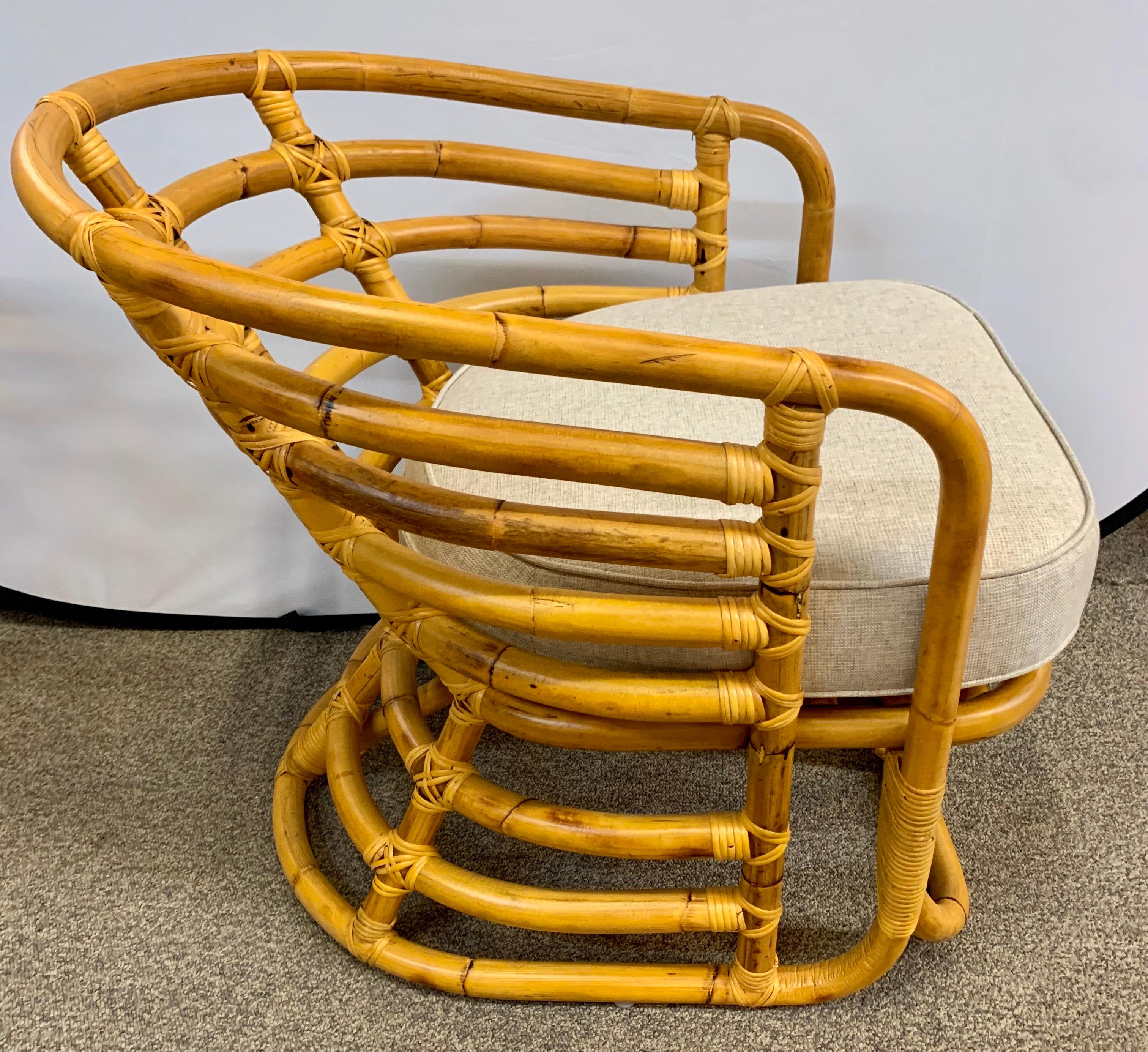 Mid-Century Modern Bamboo Barrel Back Lounge Chairs, Pair In Good Condition In West Hartford, CT