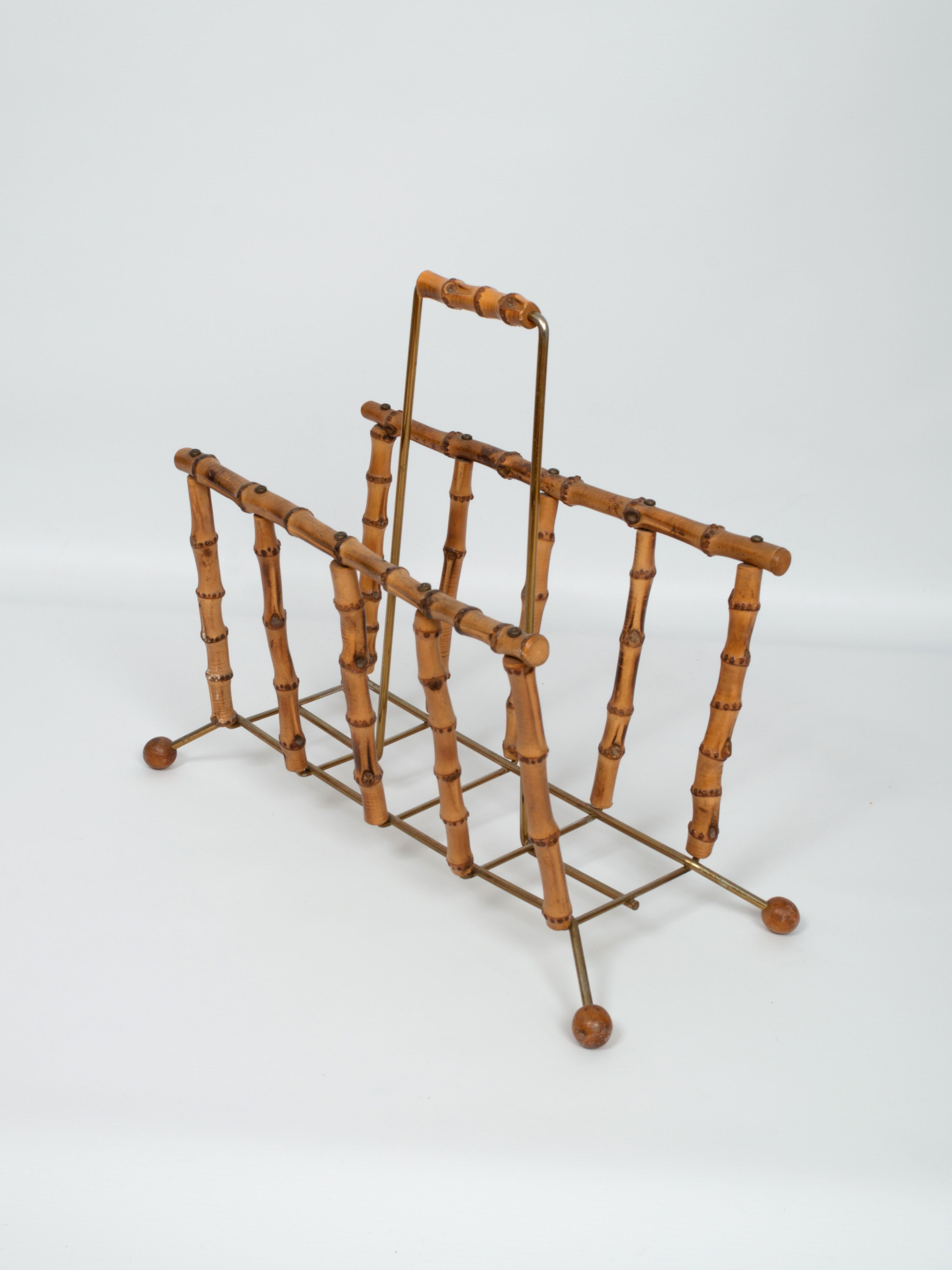 Mid-Century Modern bamboo and brass magazine holder rack, France, circa 1960.
In good vintage condition with expected signs of age.