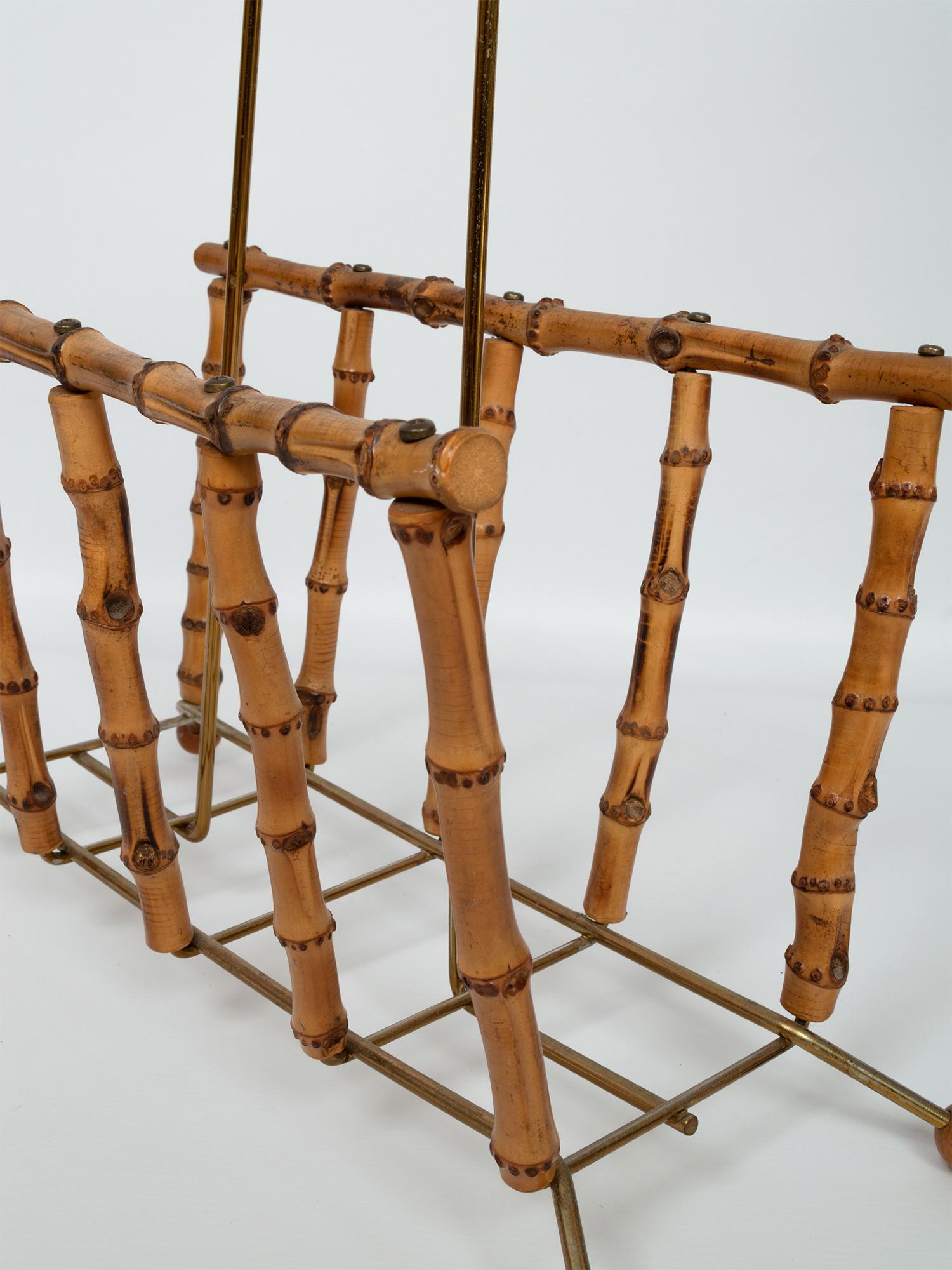 Mid-Century Modern Bamboo and Brass Magazine Holder Rack, France, circa 1960 In Good Condition For Sale In London, GB