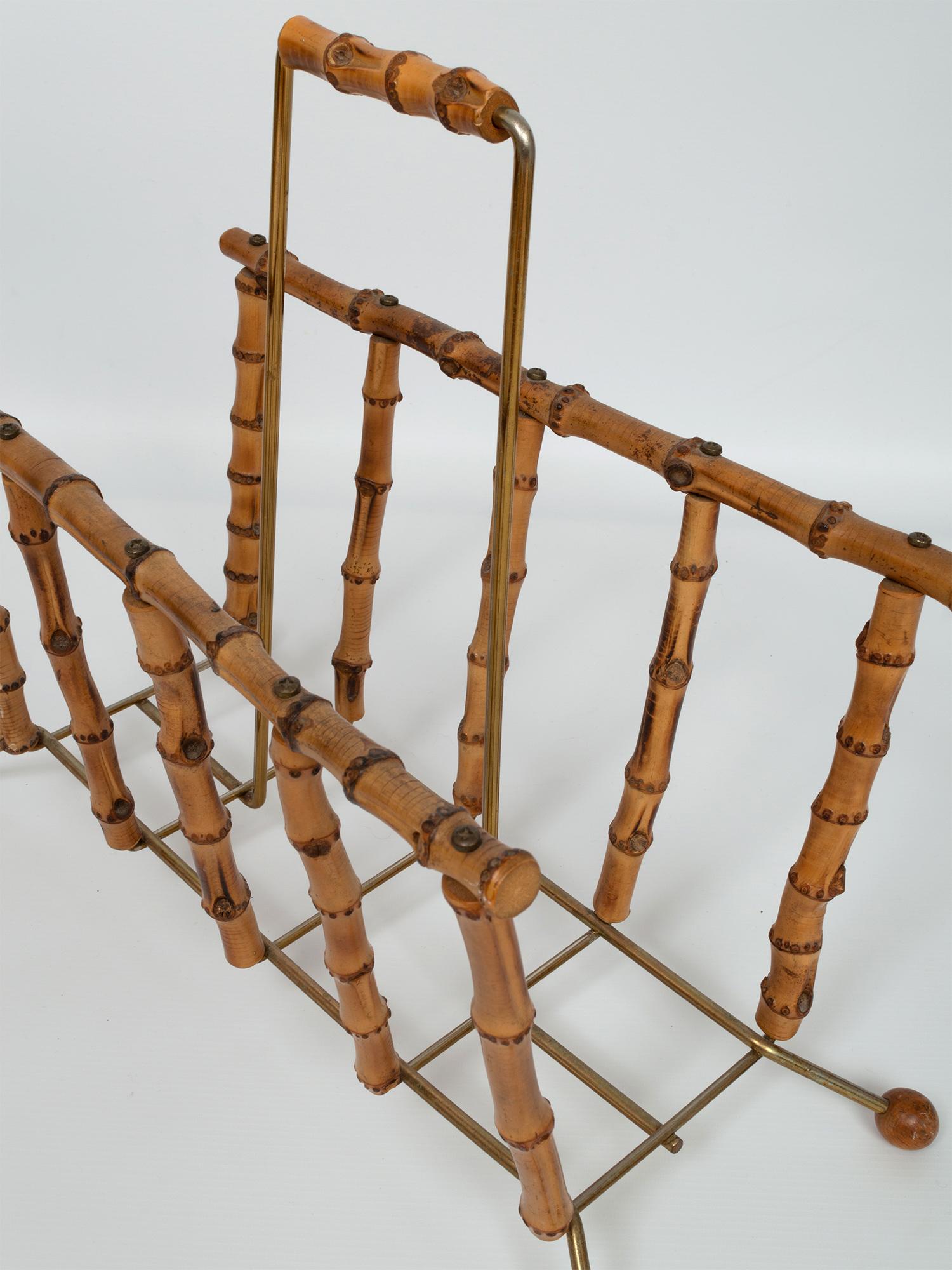 Mid-20th Century Mid-Century Modern Bamboo and Brass Magazine Holder Rack, France, circa 1960 For Sale