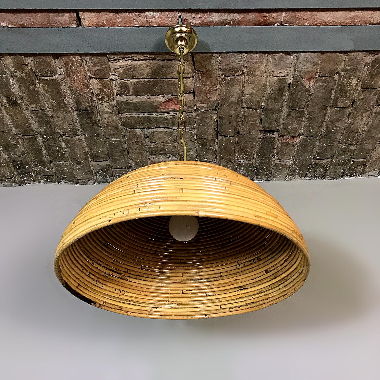 Hand-Crafted Crespi Style Mid-Century Modern Bamboo and Brass Pendant Light, Italy, 1950s