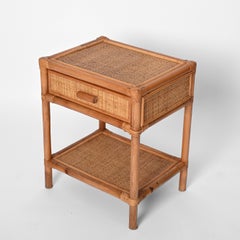 Mid-Century Modern Bamboo Cane and Rattan Italian Bedside Table, 1970s