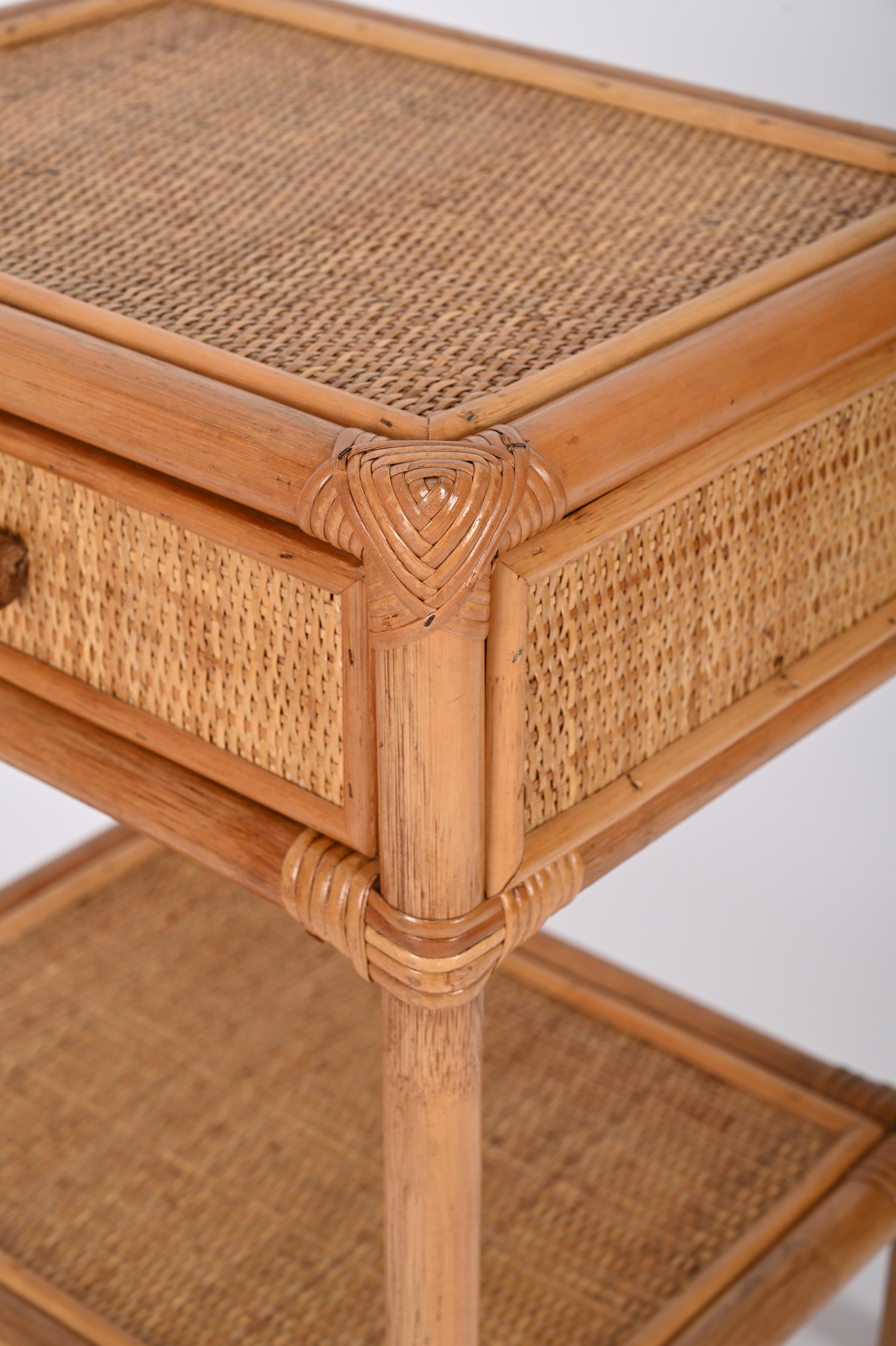 20th Century Mid-Century Modern Bamboo Cane and Rattan Italian Bedside Table, 1970s