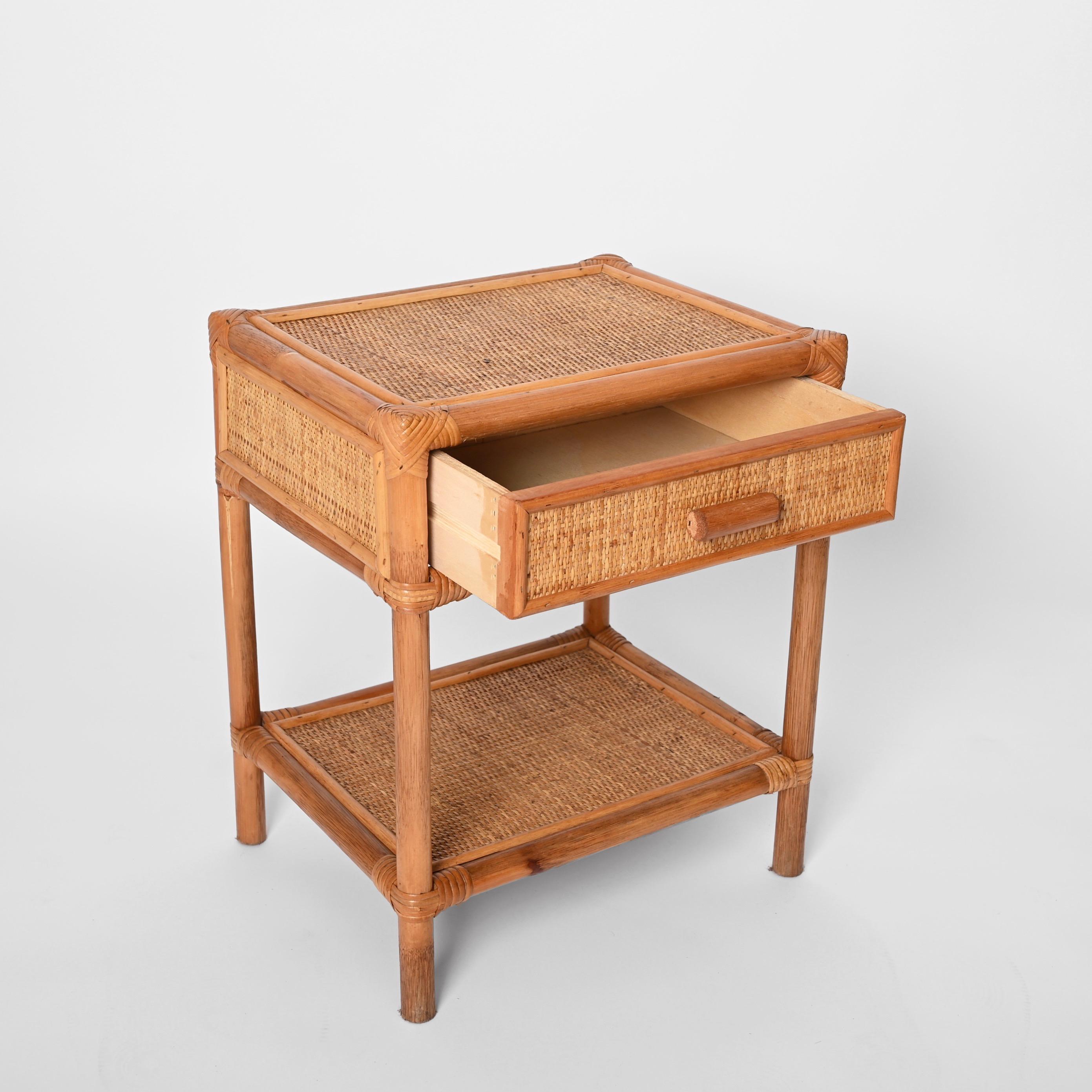 Mid-Century Modern Bamboo Cane and Rattan Italian Bedside Table, 1970s 3