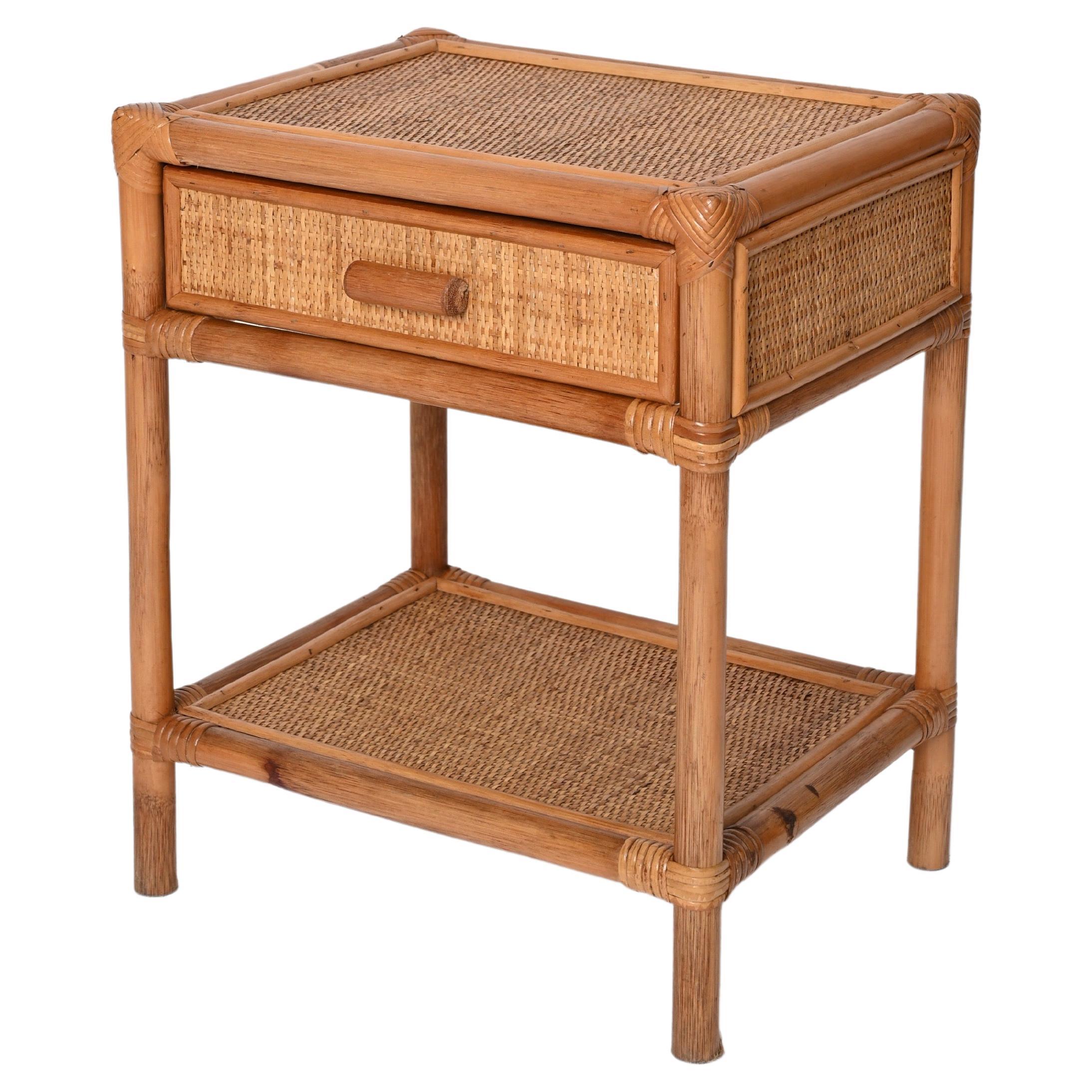 Mid-Century Modern Bamboo Cane and Rattan Italian Bedside Table, 1970s