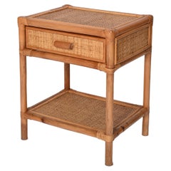 Vintage Mid-Century Modern Bamboo Cane and Rattan Italian Bedside Table, 1970s
